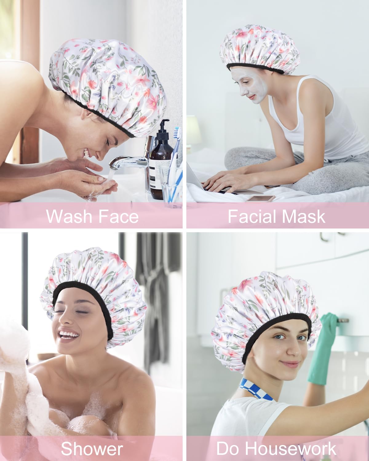 Auban Terry Lined Shower Cap for Women - Large Triple Layer Waterproof Shower Cap with Terry Cloth Lining for Long Thick Hair | Reusable Bath & Swim Hair Protection for Shower, Spa & Travel
