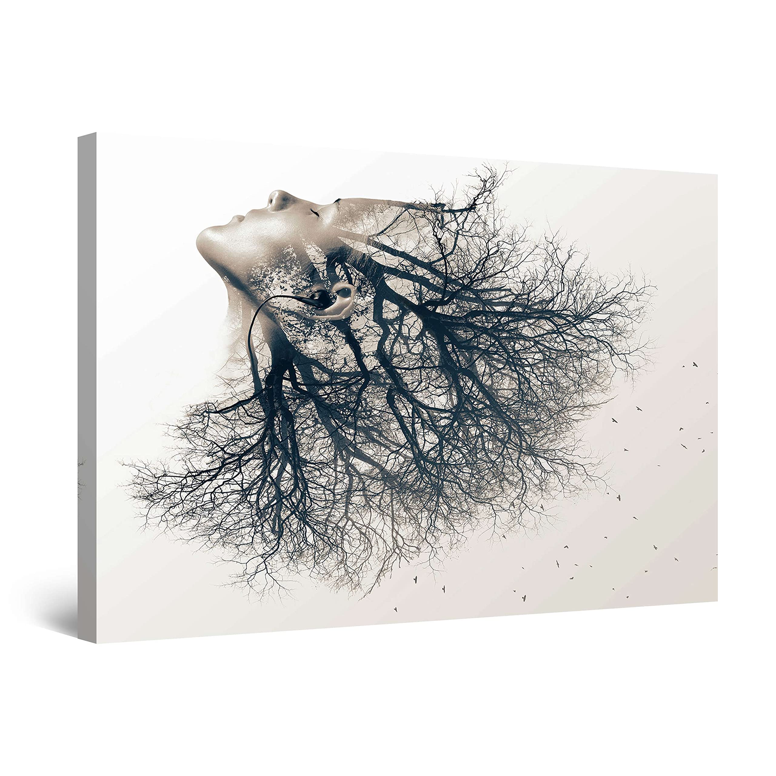 Modern Abstract Tree Girl Black and White Canvas Wall Art - 32x48 Inch Stretched Painting for Bedroom & Living Room Decor | Unique Luminous Ready-to-Hang Home Artwork | Perfect for Contemporary Spaces, Office Decor & Housewarming Gifts