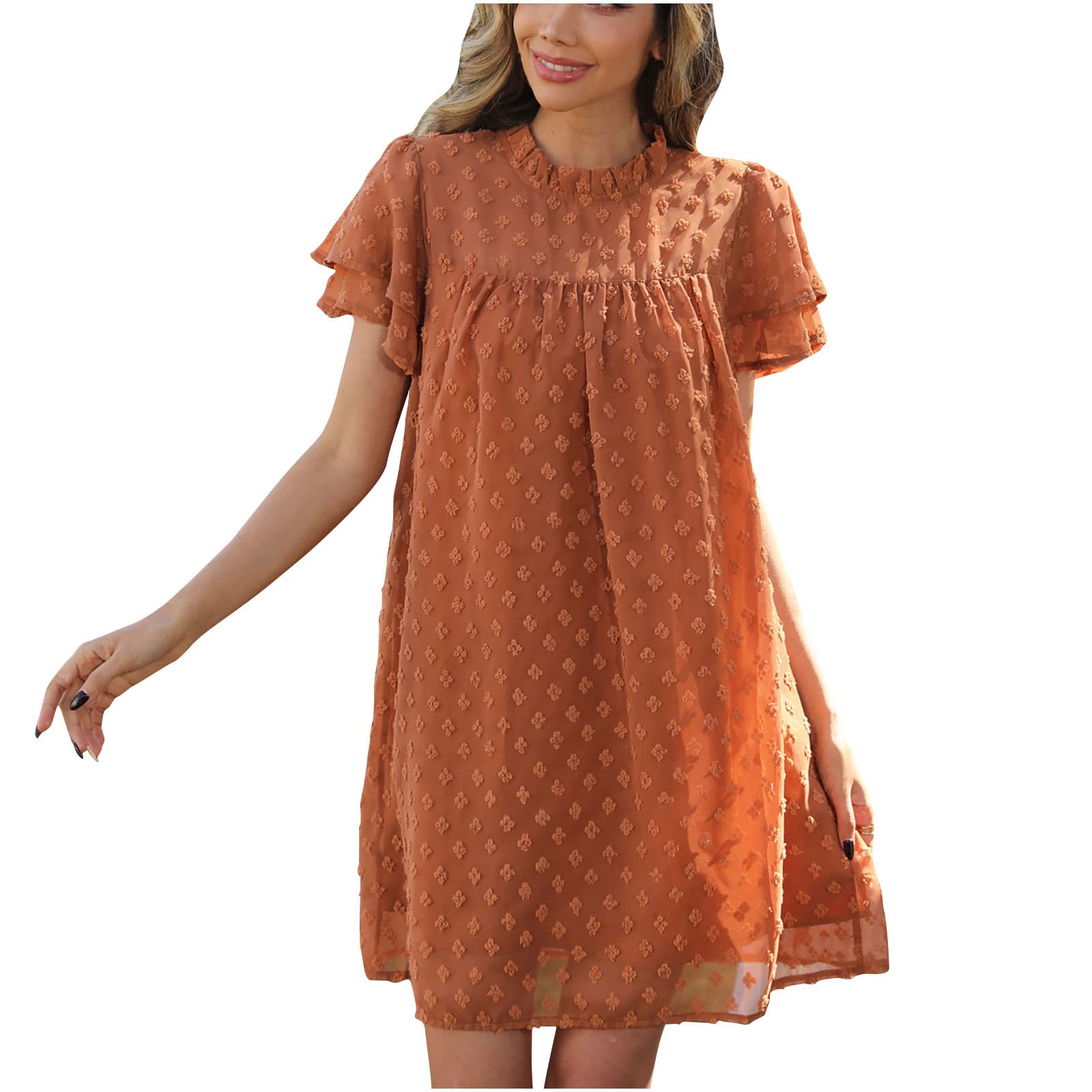 Jsarle Women's Summer Flowy Swiss Dot Turtleneck Short Sleeve Babydoll Mini Dress - Plus Size Wedding Guest, Beach Cover Up & Casual Outfit