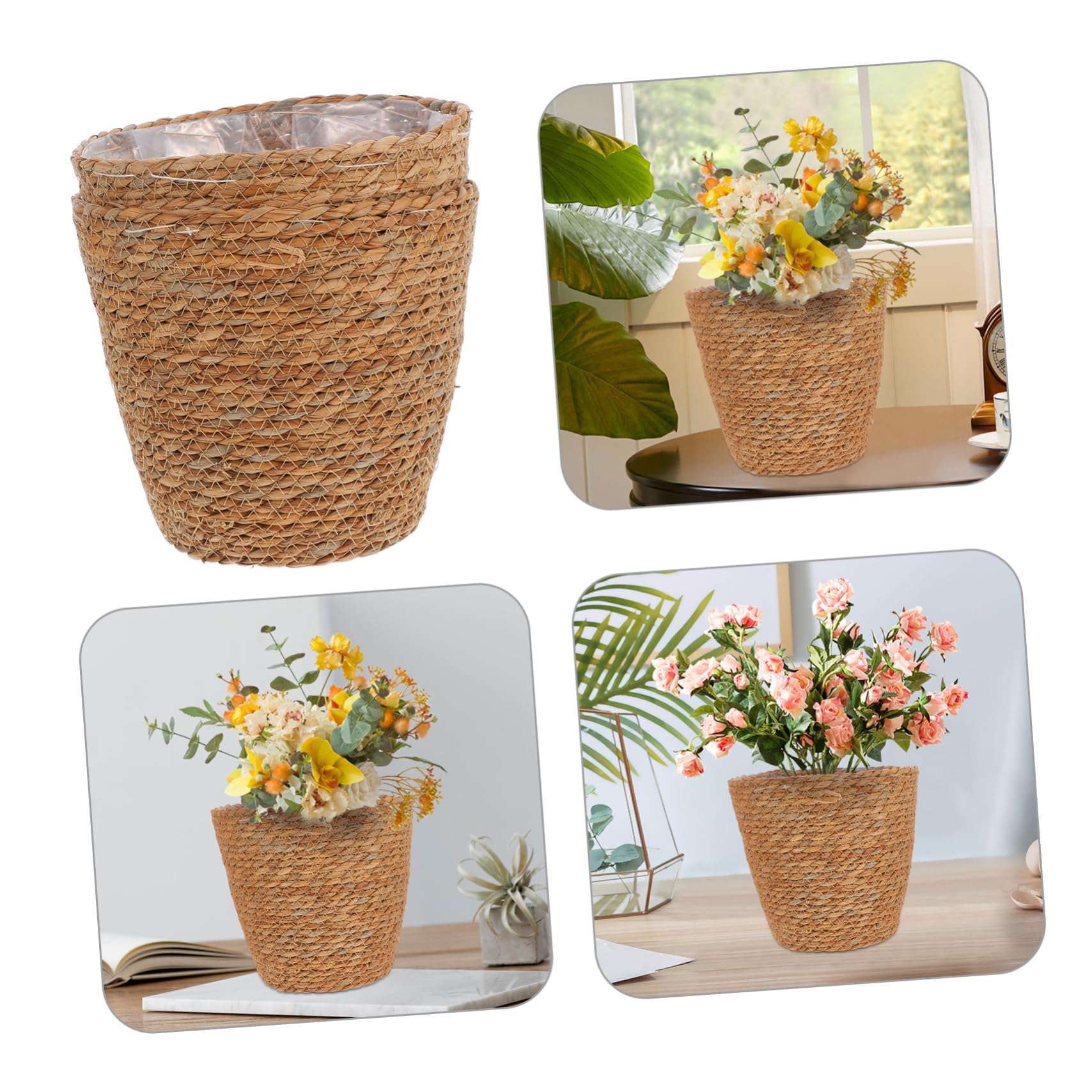 LIOOBO 2-Pack Handwoven Seagrass Plant Baskets with Waterproof Plastic Liner - Indoor/Outdoor Decorative Planters for Home, Office, Patio & Garden Decor