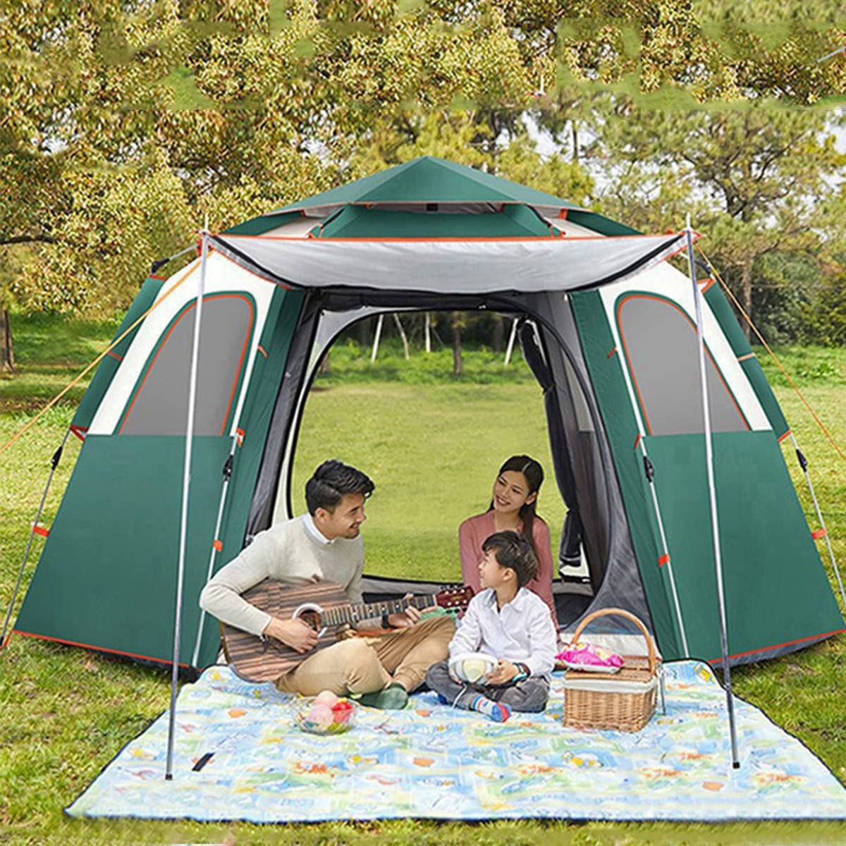 4-Person Waterproof Pop-Up Camping Tent with Moisture-Proof Mat - Instant Setup Family Tent for Outdoor Adventures, Beach Picnics & Music Festivals (Large Size) - Perfect for Backpacking, Hiking & Summer Camping Trips