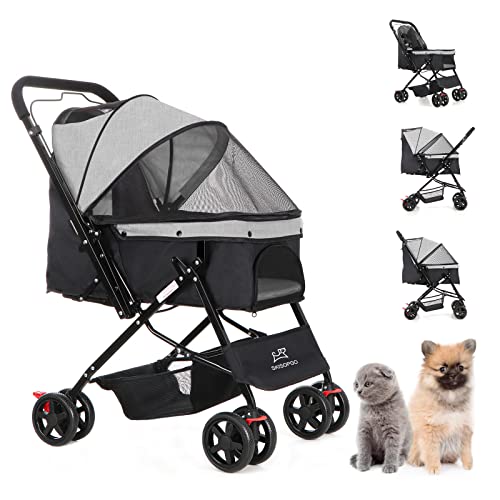 SKISOPGO Foldable Pet Stroller for Small & Medium Dogs & Cats - Shock Absorbent Wheels, Quick Folding Travel Design - Lightweight Grey Pet Gear (Perfect for Vet Visits, Park Walks & Shopping Trips)
