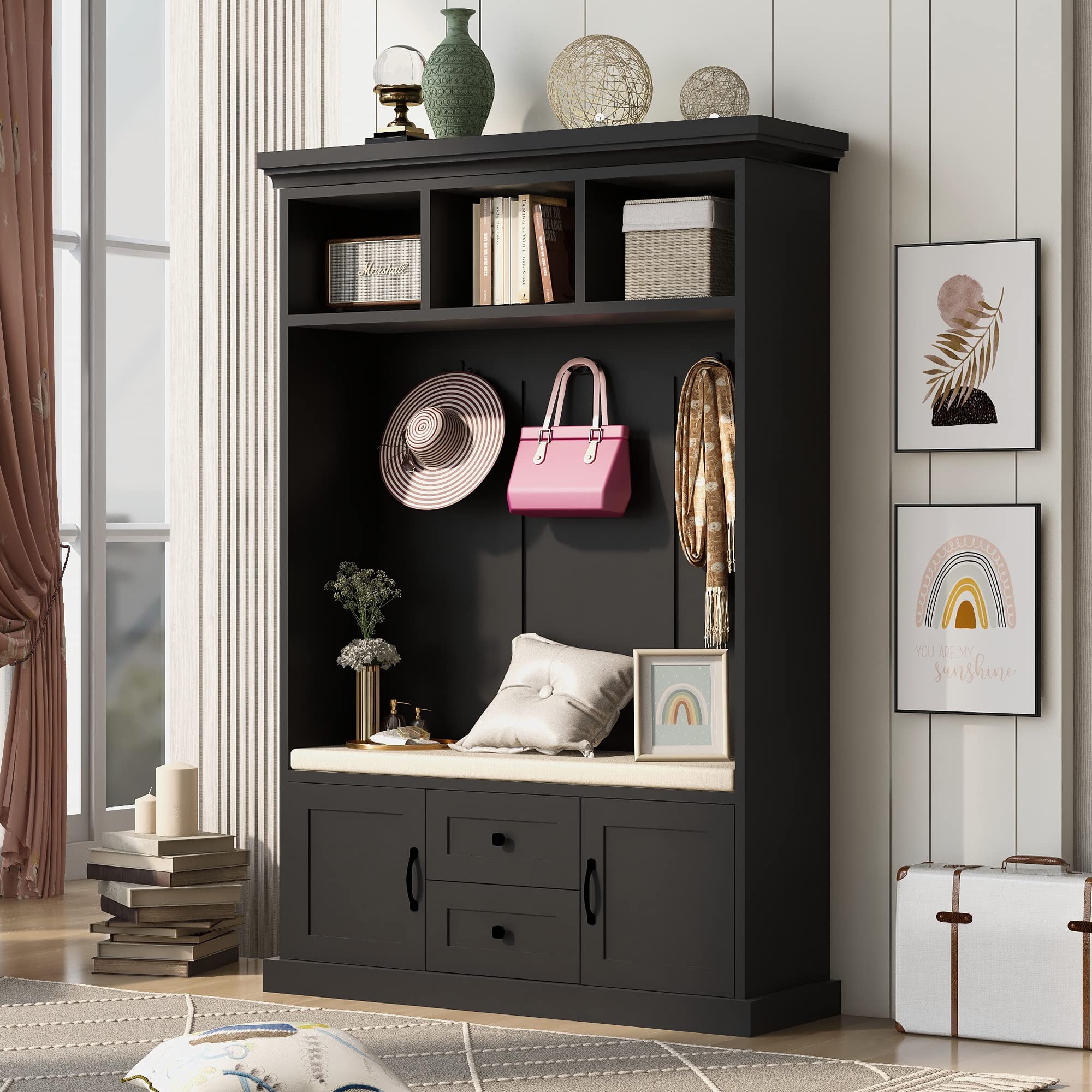 Merax 3-in-1 Hall Tree with Coat Hooks, Entryway Bench & Storage - Space Saving Entryway Organizer for Coats, Shoes & Bags - Perfect for Small Apartments, Mudrooms & Home Entryways (Black)