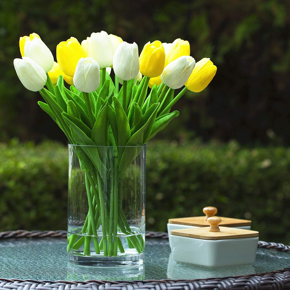 ENOVA HOME 20-Piece Real Touch Artificial Tulip Flowers in Glass Vase with Faux Water - White & Yellow Silk Tulips for Wedding Centerpieces, Home Decor, Office, Dining Table & Spring Decorations