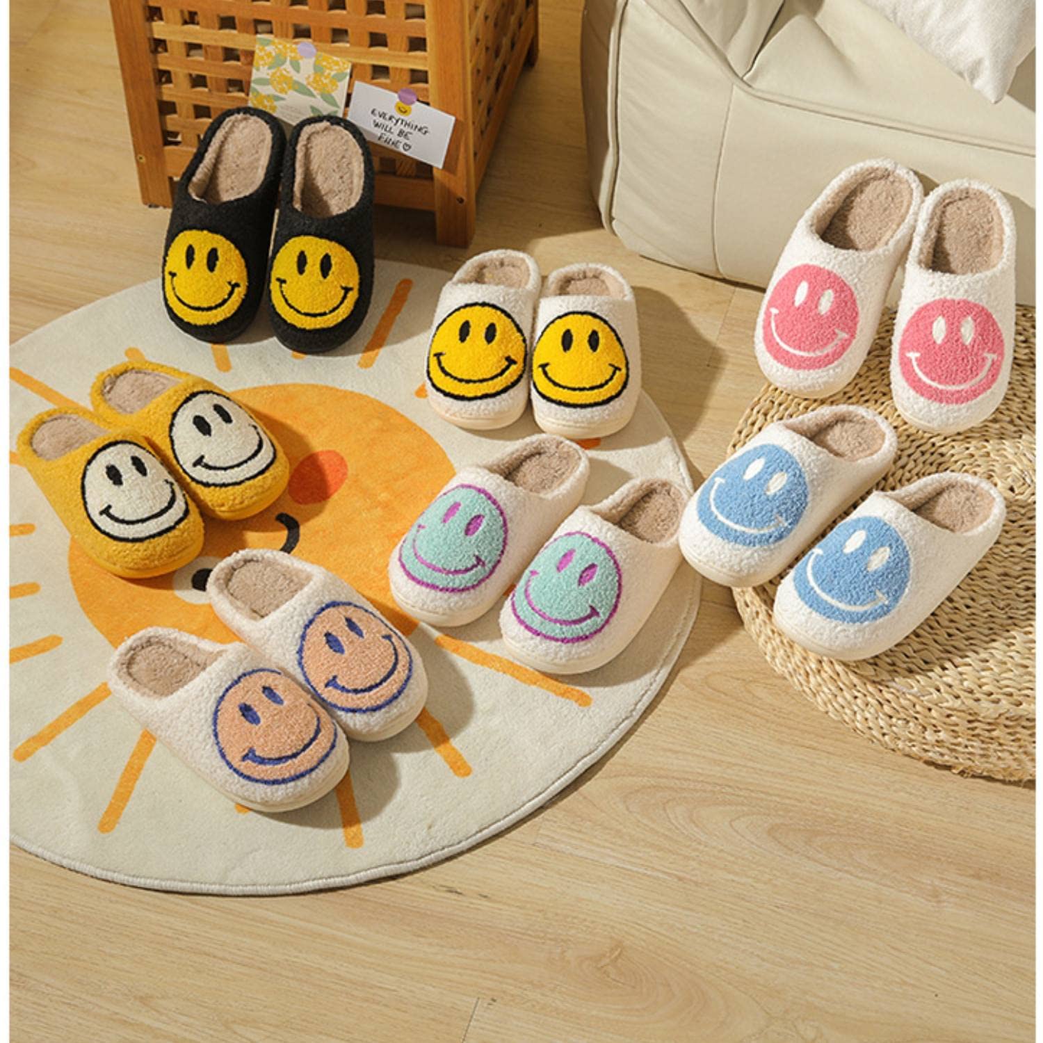 Smiley Face Slippers for Women - Soft Fluffy Indoor/Outdoor Slides with Cushion Comfort - Retro Happy Face House Slippers for Cozy Home, Lounge & Outdoor Wear