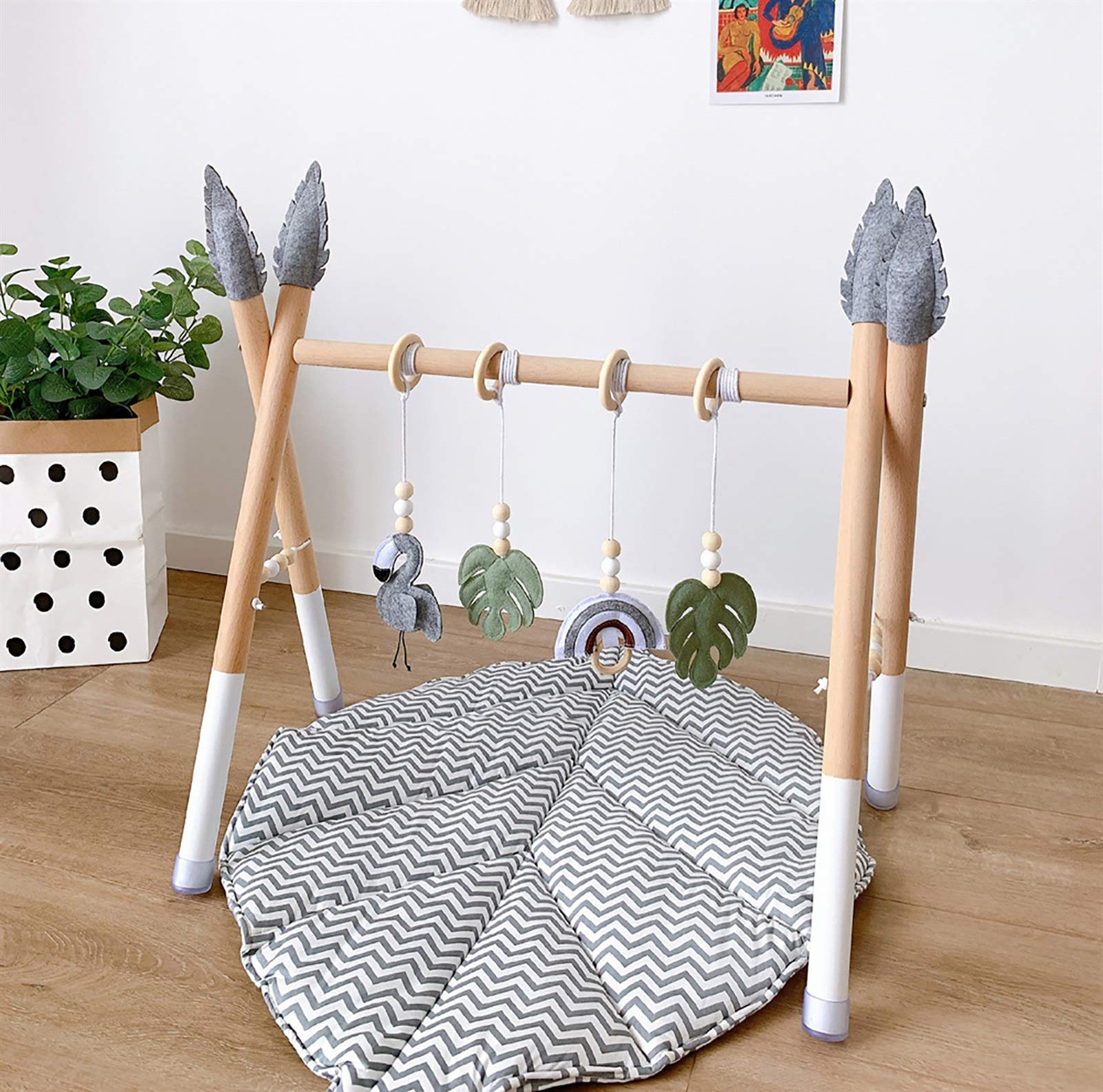 GACYSMD Baby Wooden Play Gym with 4 Teething Toys - Newborn Activity Gym for Girls & Boys - Perfect for Tummy Time & Sensory Play