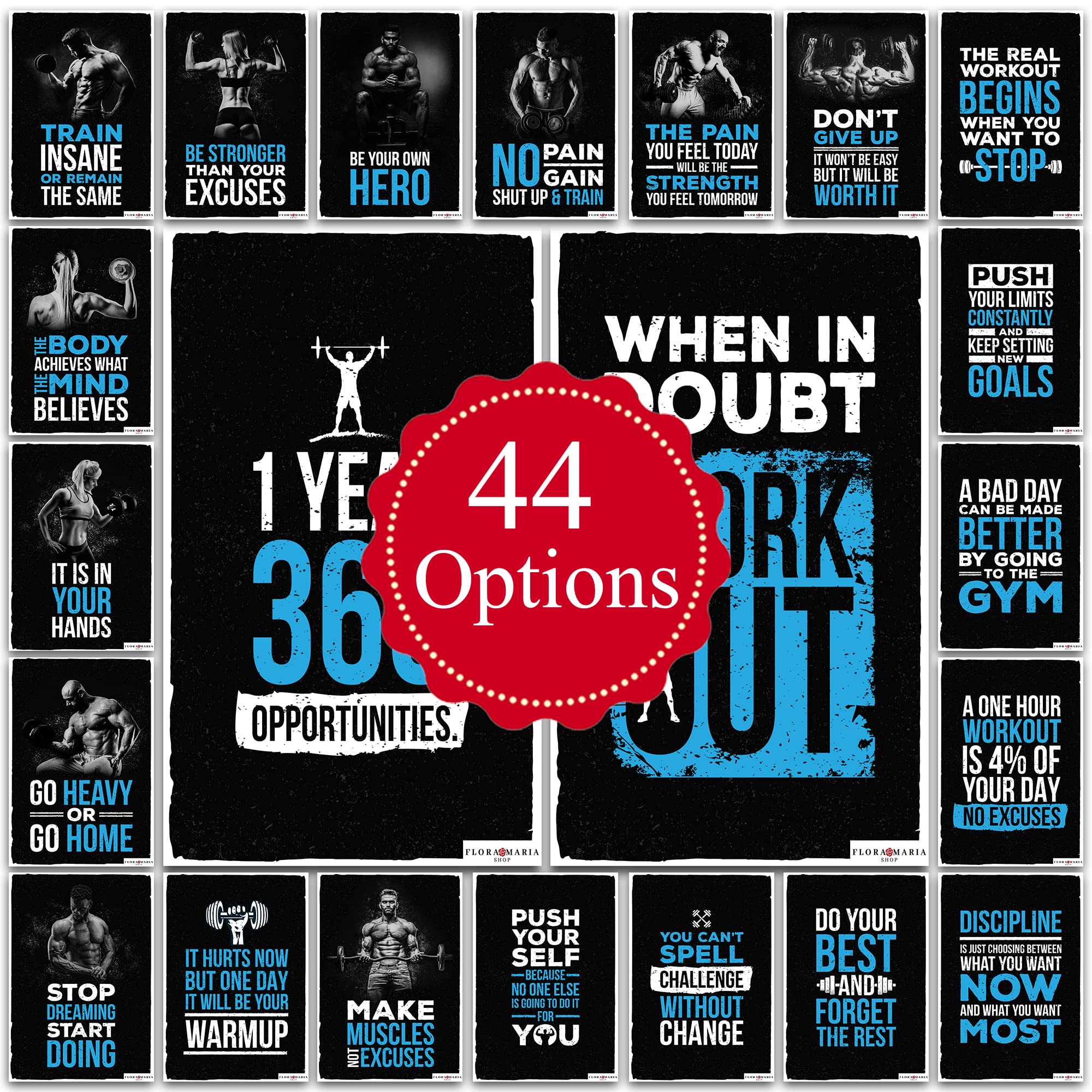 Flora Maria Shop Gym Motivational Posters - 22 Set of 44 Double Sided Laminated Posters (12x17.5 Inches) - Waterproof & Durable for Home Workout Room, Office, or Fitness Studio - Inspirational Wall Art for Gym Decor & Workout Motivation