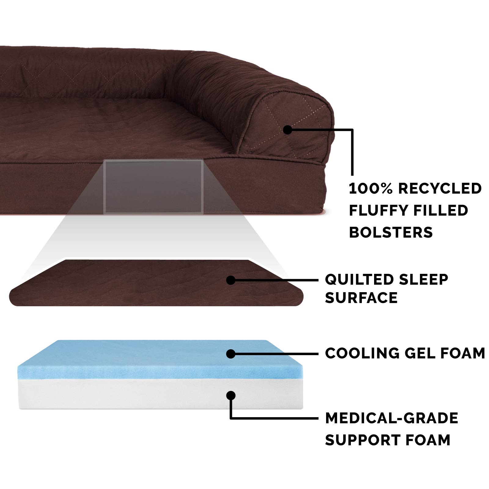 Furhaven Cooling Gel Dog Bed for Large Dogs up to 95 lbs - Removable Bolsters & Machine Washable Cover - Quilted Sofa Style in Coffee Color (Jumbo/XL) - Perfect for Hot Weather & Arthritis Relief