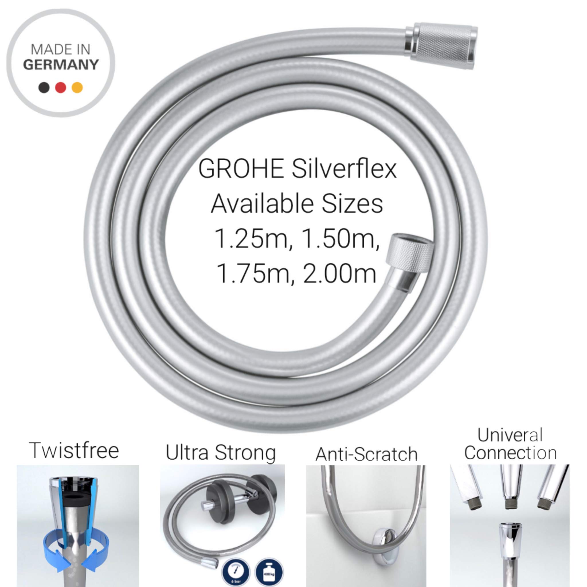 GROHE 1250 mm Silver Flexible Shower Hose - High Pressure Resistant, Durable & Rustproof for Bathroom, Spa, and RV Use