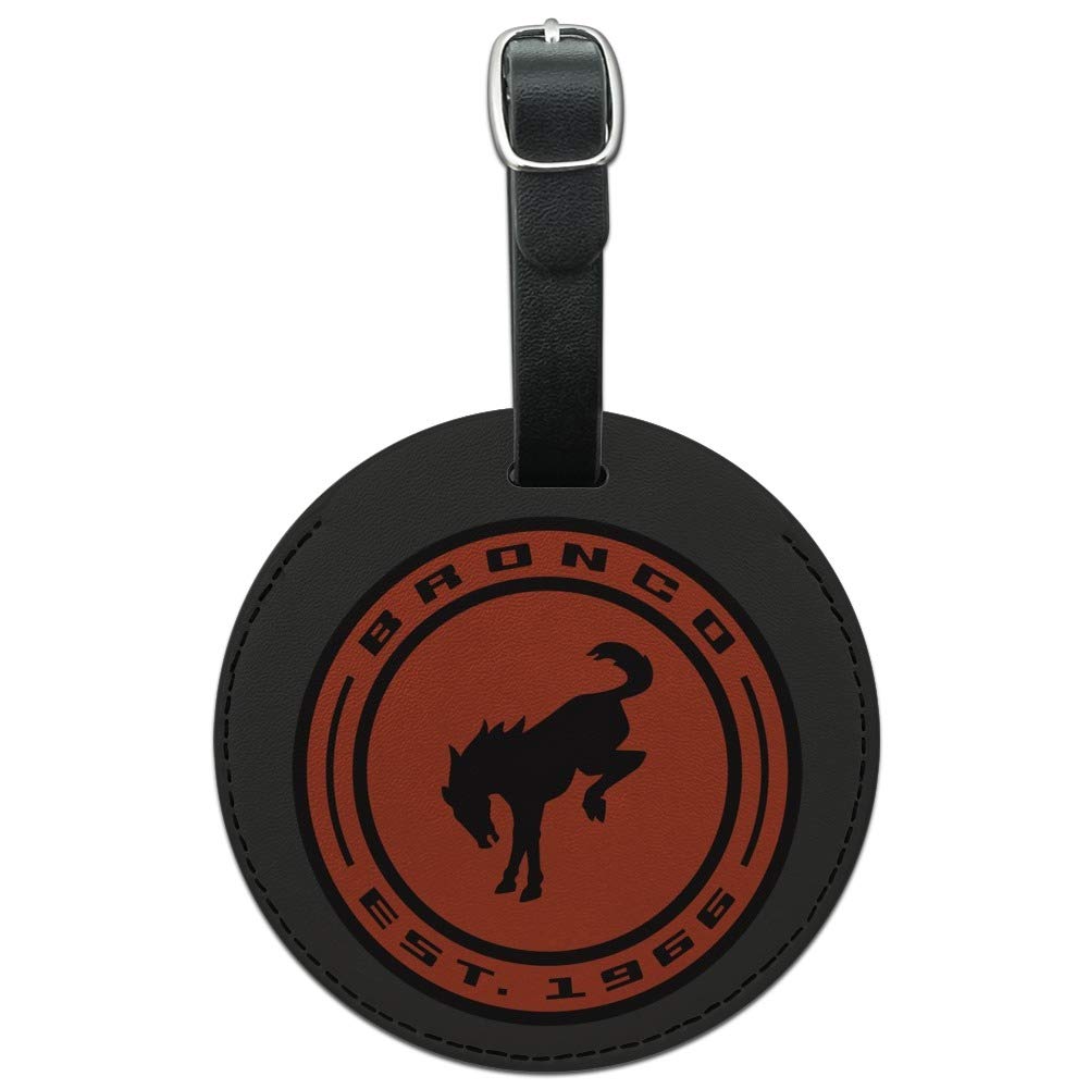 Vintage Bronco Round Leather Luggage Tag - Distressed Leather ID Badge for Carry-On Bags & Suitcases | Perfect for Travel, Business Trips & Vacation