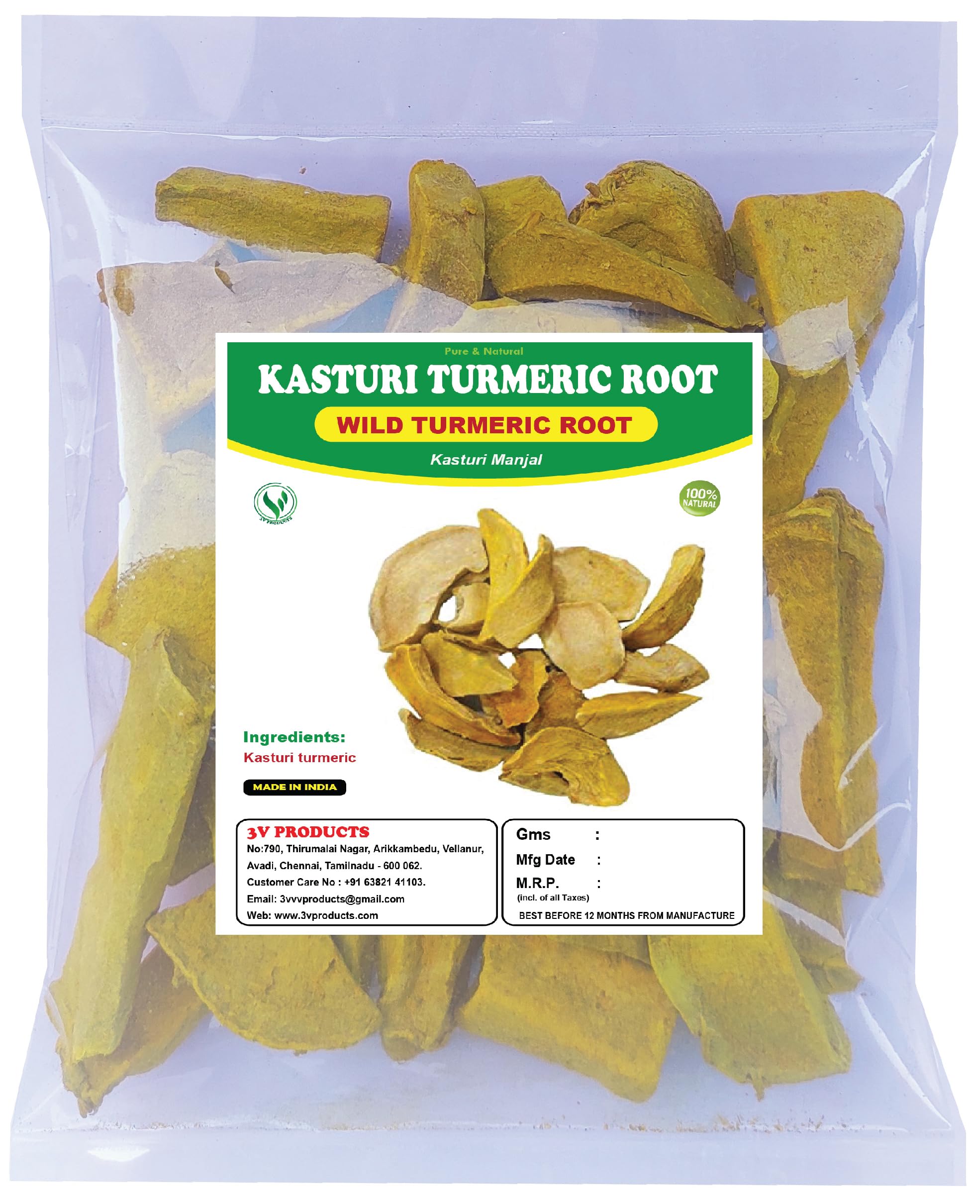 3V PRODUCTS: Wild Kasturi Turmeric Root (Kasturi Haldi/Manjal) - 150g Pure Organic Turmeric for Glowing Skin & Face Care | Natural Beauty Treatment, DIY Face Masks, Ayurvedic Skincare