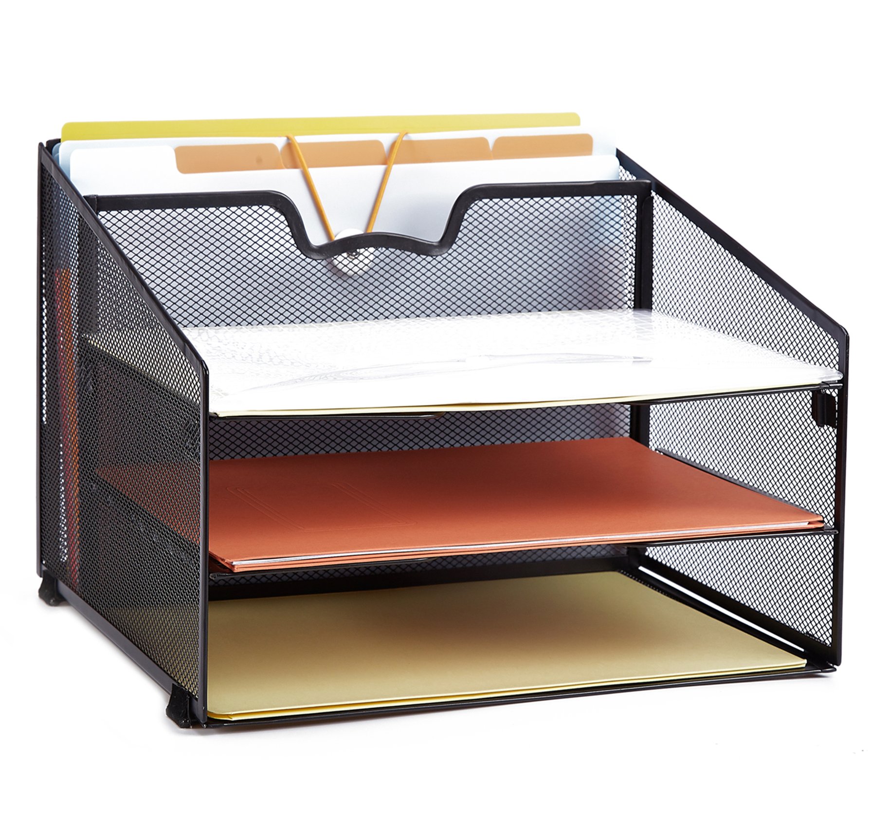 ProAid Mesh Desktop Organizer with 3 Paper Trays & Vertical File Compartment - Black | Office Supplies for Paper, Files & Stationery | Perfect for Home Office, Work Desk & School Organization