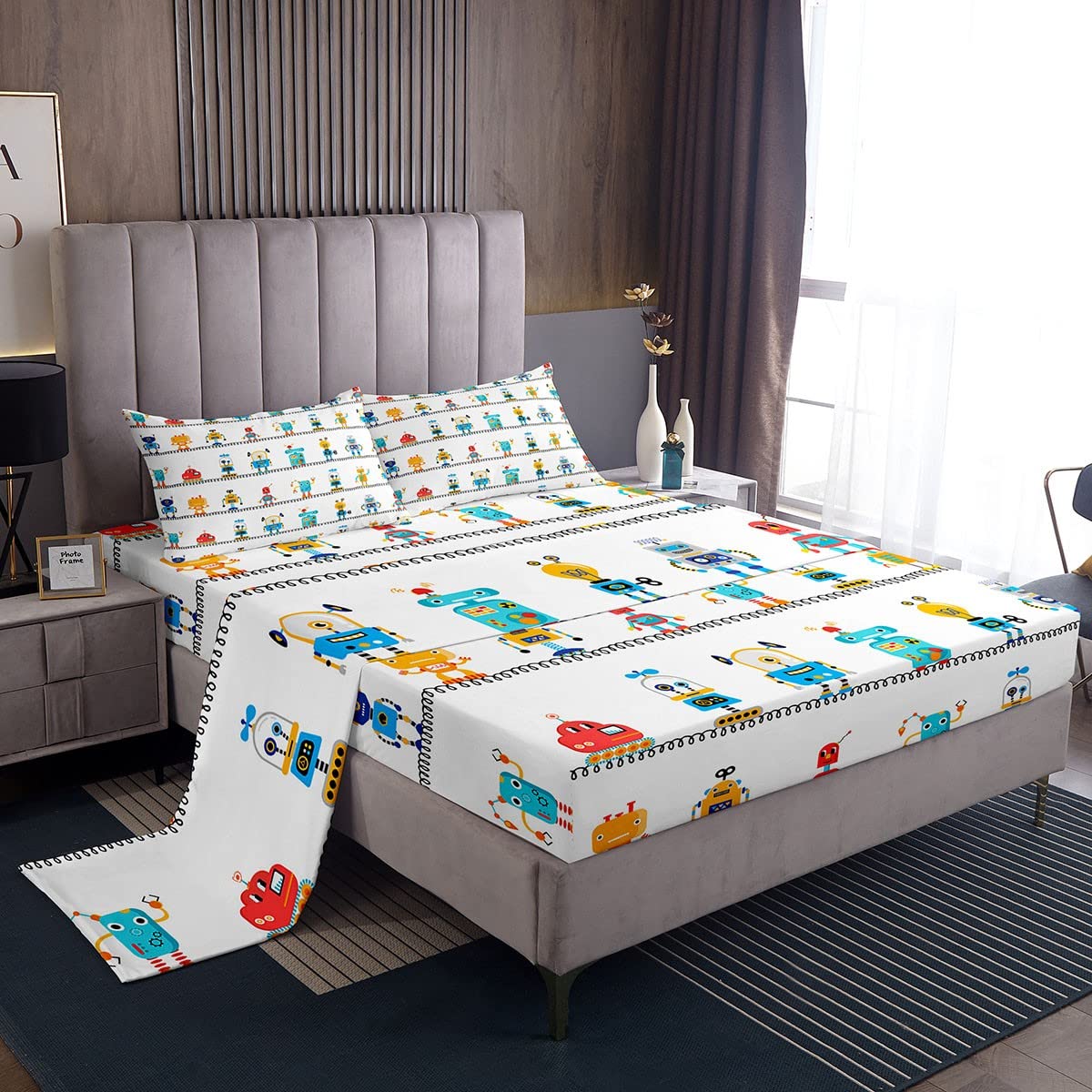 Manfei Watercolor Robots Queen Size 4-Piece Bed Sheet Set - Deep Pocket Fitted Sheet, Flat Sheet & 2 Pillowcases - White Cartoon Toy Themed Bedding for Kids, Teens & Boys Room Decor - Perfect for Children's Bedrooms, Sleepovers & Playroom Decor