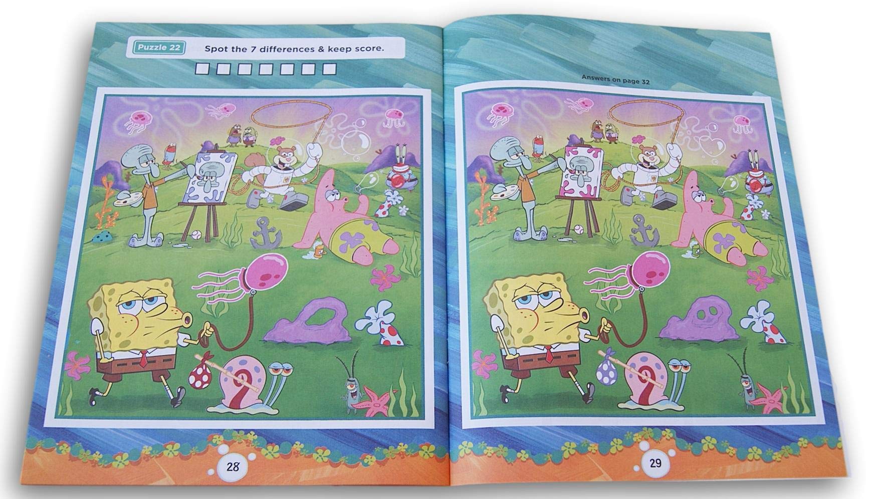 SpongeBob SquarePants Spot The Difference Activity Book for Kids - 22 Fun Puzzles with Answer Key | Brain Games, Travel Entertainment & Party Favors