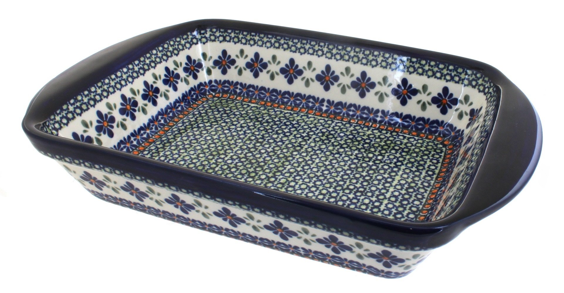 Handmade Blue Rose Polish Pottery Mosaic Flower Large Rectangular Baking Dish with Handles - Perfect for Casseroles, Lasagna & Holiday Serving