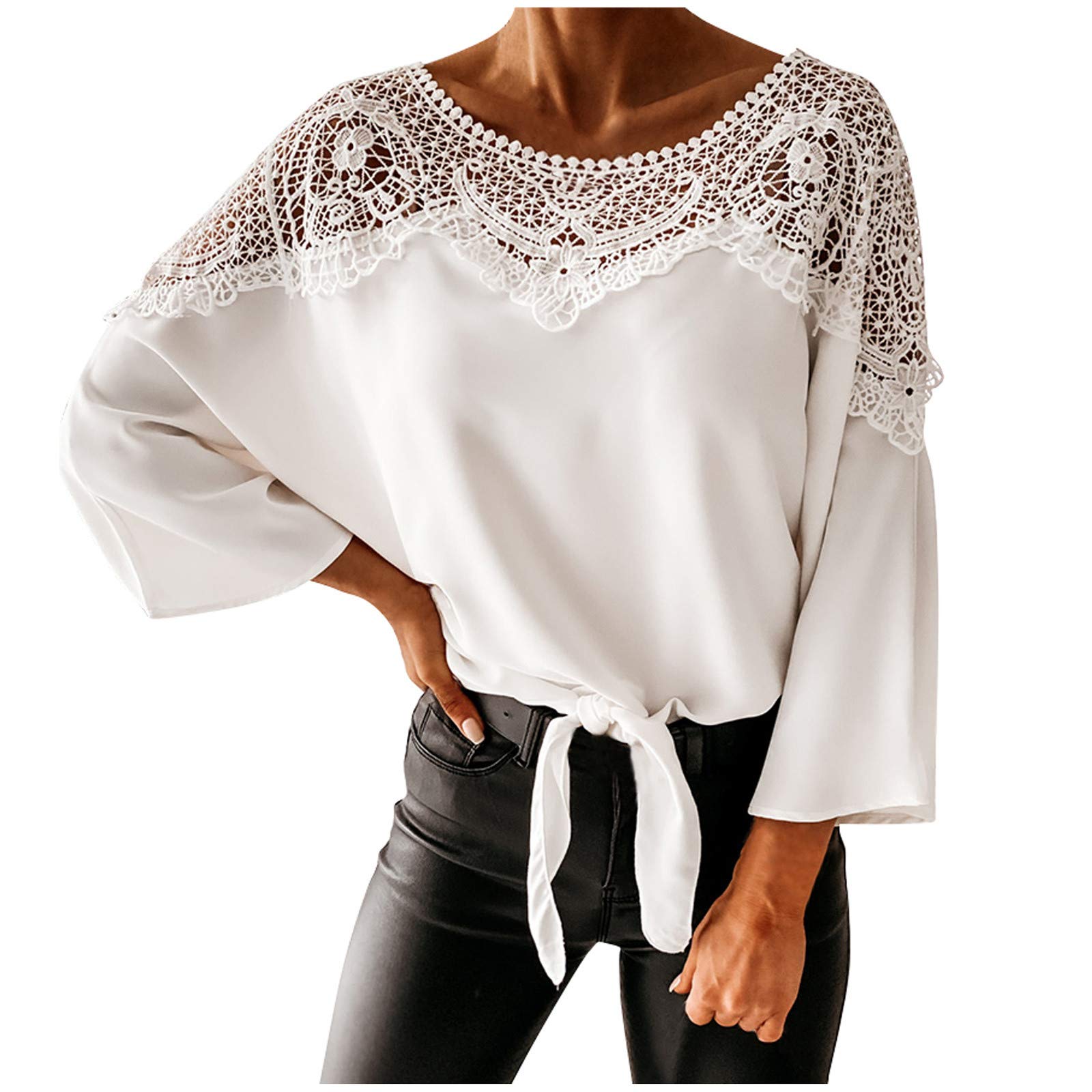 Sexy Women's Long Sleeve Bandage Lace Hollow Out Cotton Blouse - Fashionable Solid Color Tops for Casual Wear, Date Night & Office Outfits