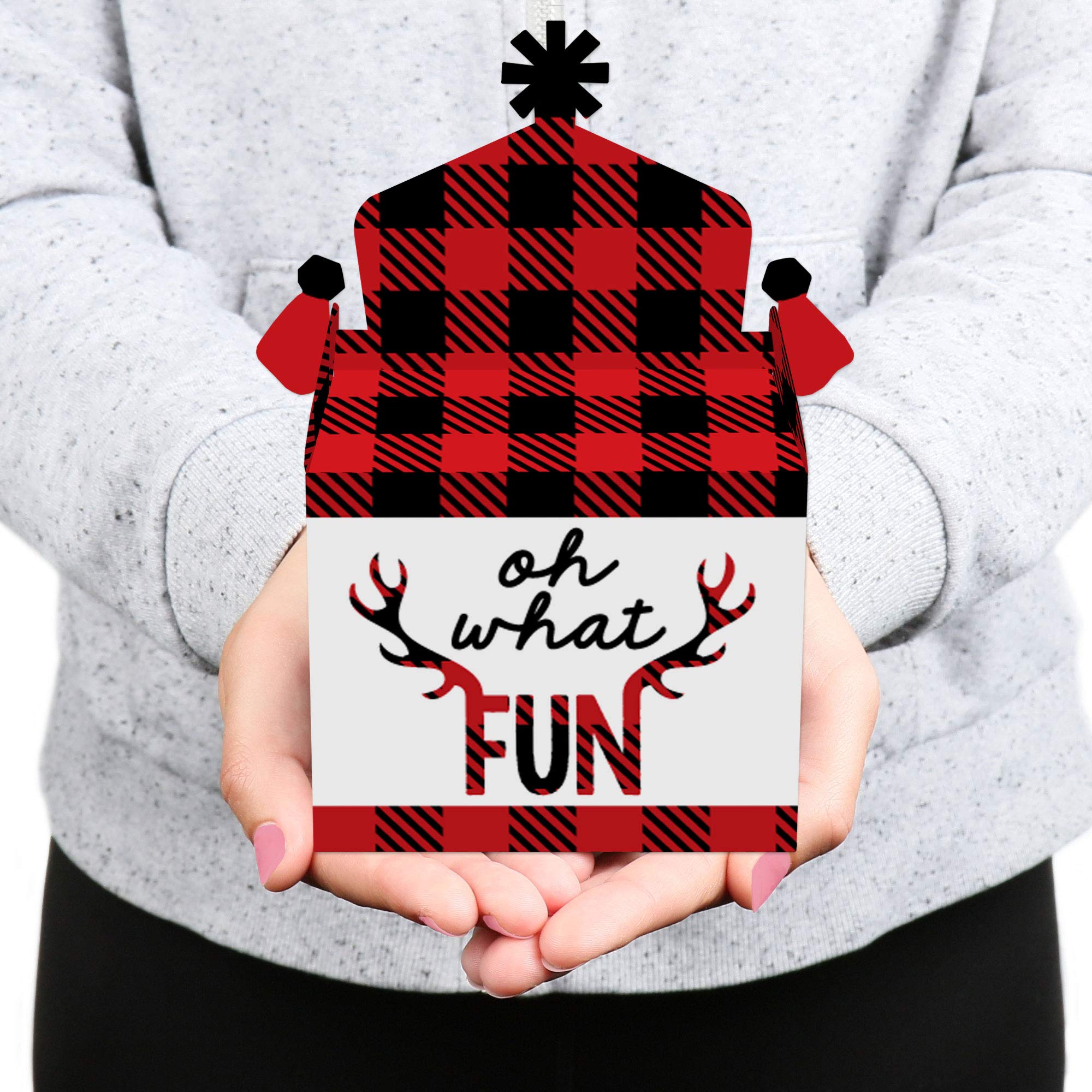Big Dot of Happiness Prancing Plaid Treat Box Party Favors - Set of 12 Reindeer Holiday & Christmas Goodie Gable Boxes - Perfect for Holiday Parties, Office Gifts & Festive Celebrations