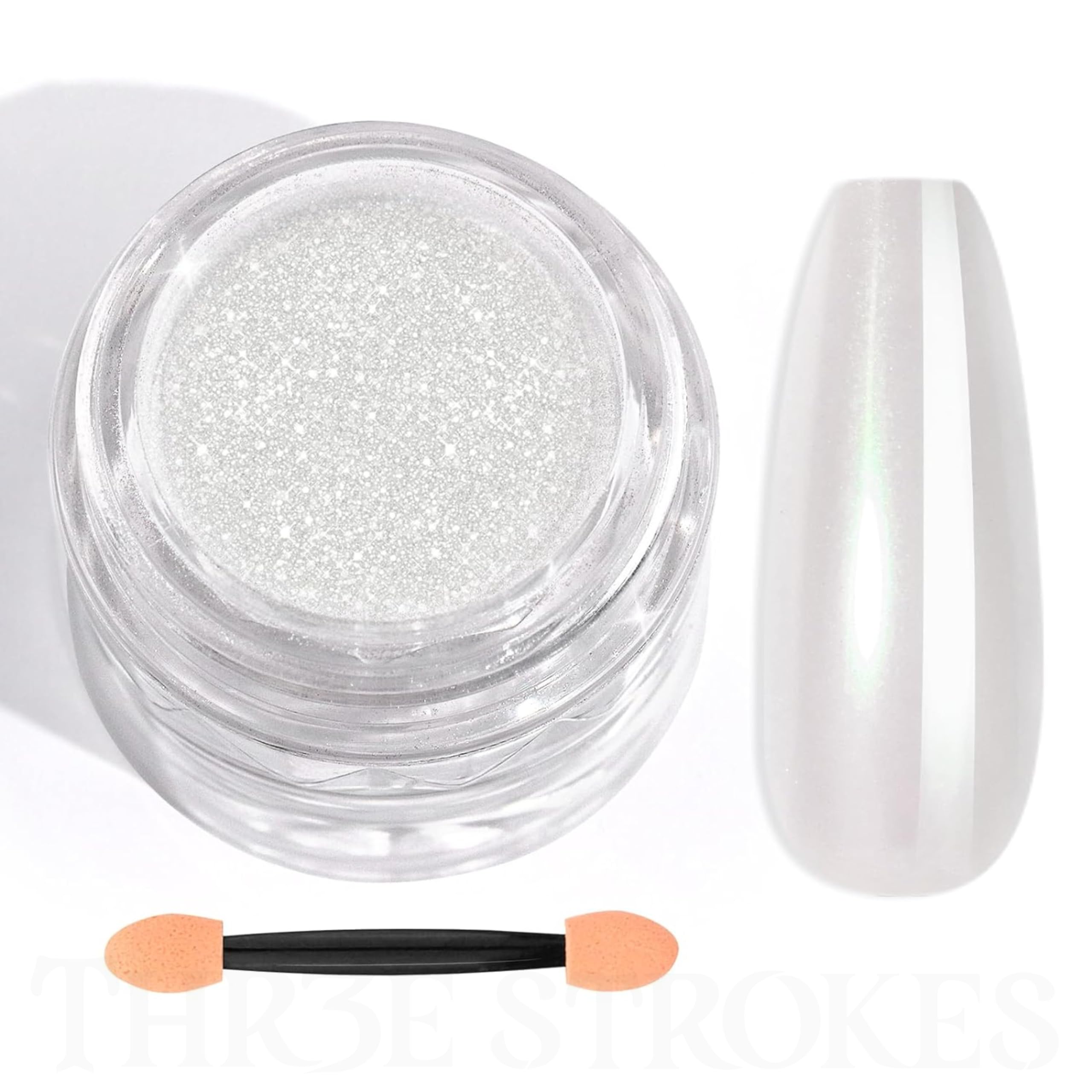 THR3E STROKES White Pearl Chrome Nail Powder - 1g Mirror Effect Metallic Nail Art Powder for Gel Polish, Mermaid Chrome Glitter Dust Kit (WHITE PEARL) | Perfect for Salon Manicures, DIY Nail Art & Special Occasion Nail Designs