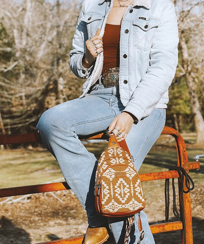 Wrangler Aztec Print Sling Bag - Stylish Crossbody Bag for Men & Women - Perfect for Travel, Hiking, and Everyday Use