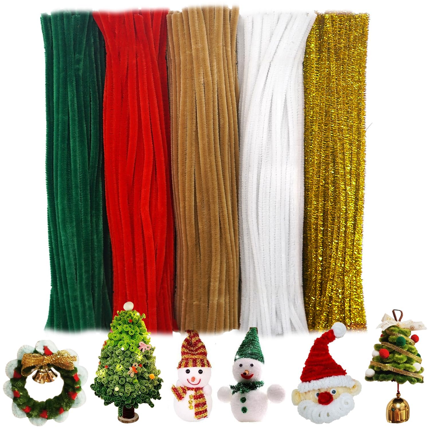 500pcs Christmas Pipe Cleaners for DIY Crafts - Green/Red/Brown/Golden/White 5 Colors Chenille Stems (7mm x12 inch) - Perfect for Xmas Ornaments, Gift Wrapping, Holiday Decorations & Kids Art Projects