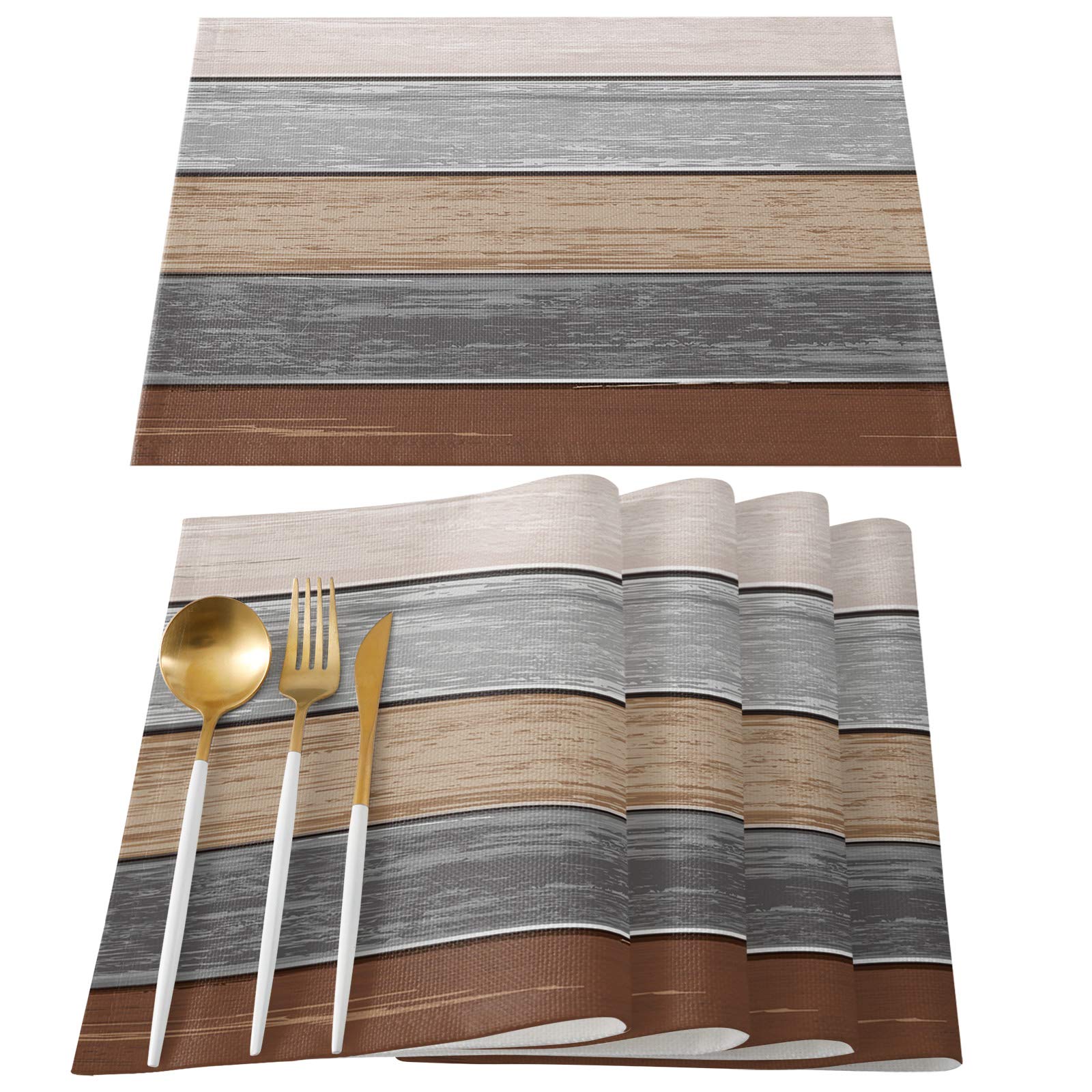 Vandarllin Placemats Set of 4 - Retro Rustic Barn Wood Texture, Stain Resistant & Washable Polyester Table Mats for Kitchen & Dining Room Decor - Ombre Brown Grey - Perfect for Farmhouse, Rustic, and Vintage Style Home Decor