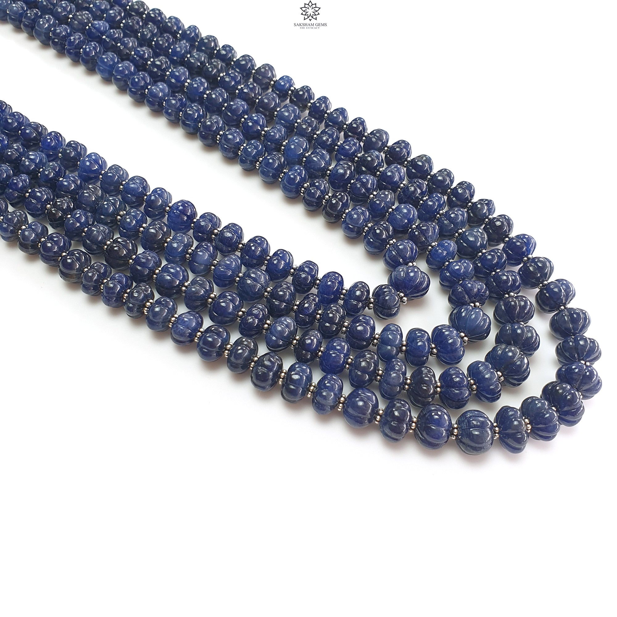 Natural Blue Sapphire Gemstone Necklace - 1456.60cts Hand-Carved Rondelle Melon Beads (7mm, 11mm, 16mm, 21mm) | Elegant Jewelry for Weddings, Parties & Special Occasions