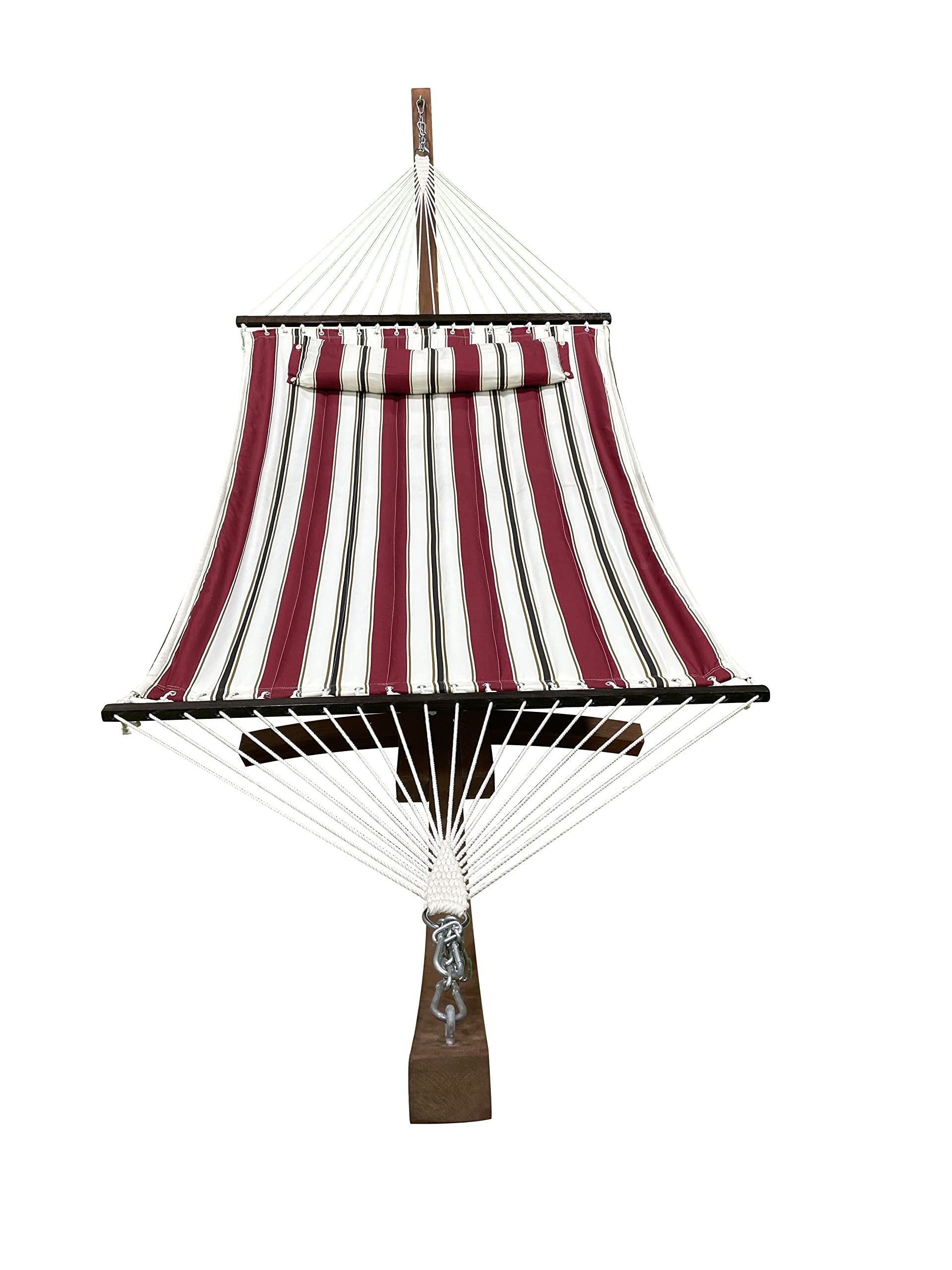 14 Ft. Wooden Arc Hammock Stand with Deluxe Quilted Double Padded Hammock Bed & Pillow - 2 Person Outdoor Hammock 450 LB Capacity (Teak Stain/Elegant Red Stripe) - Perfect for Backyard, Patio, Garden Relaxation & Camping