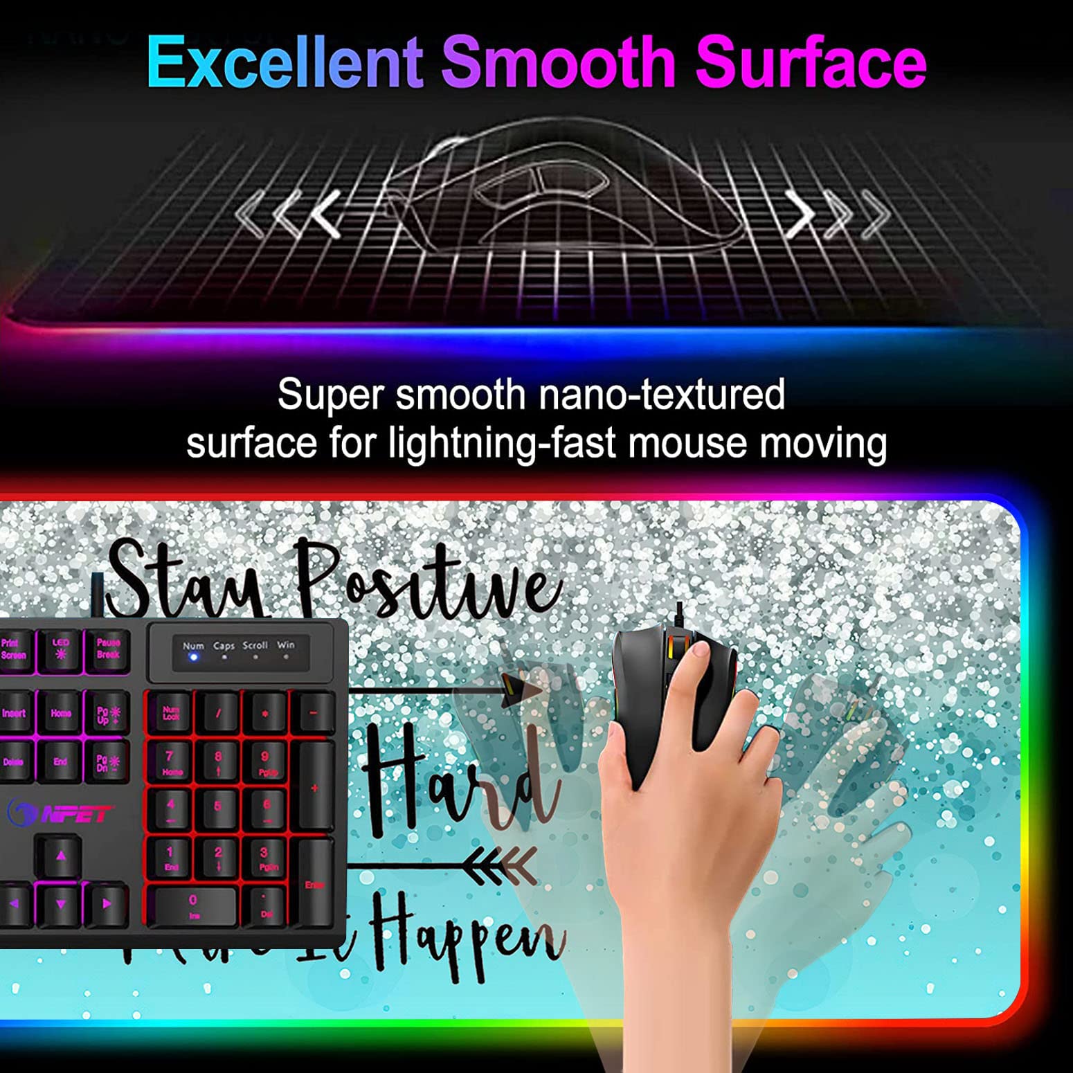 RGB LED Gaming Mouse Pad - Large Non-Slip Desk Mat with Optical Waterproof Surface for PC, Computer, Keyboard & Office Setup | Perfect for Gamers, Programmers & Esports Enthusiasts | Motivational Blue Light-up Design with 