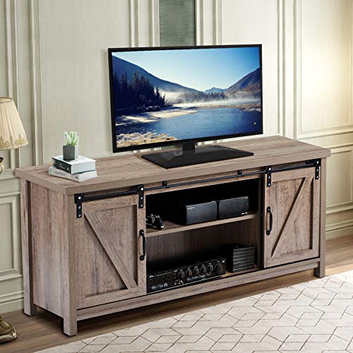 Rustic Oak Wood TV Stand with Sliding Barn Doors and Storage Shelves - 51.9