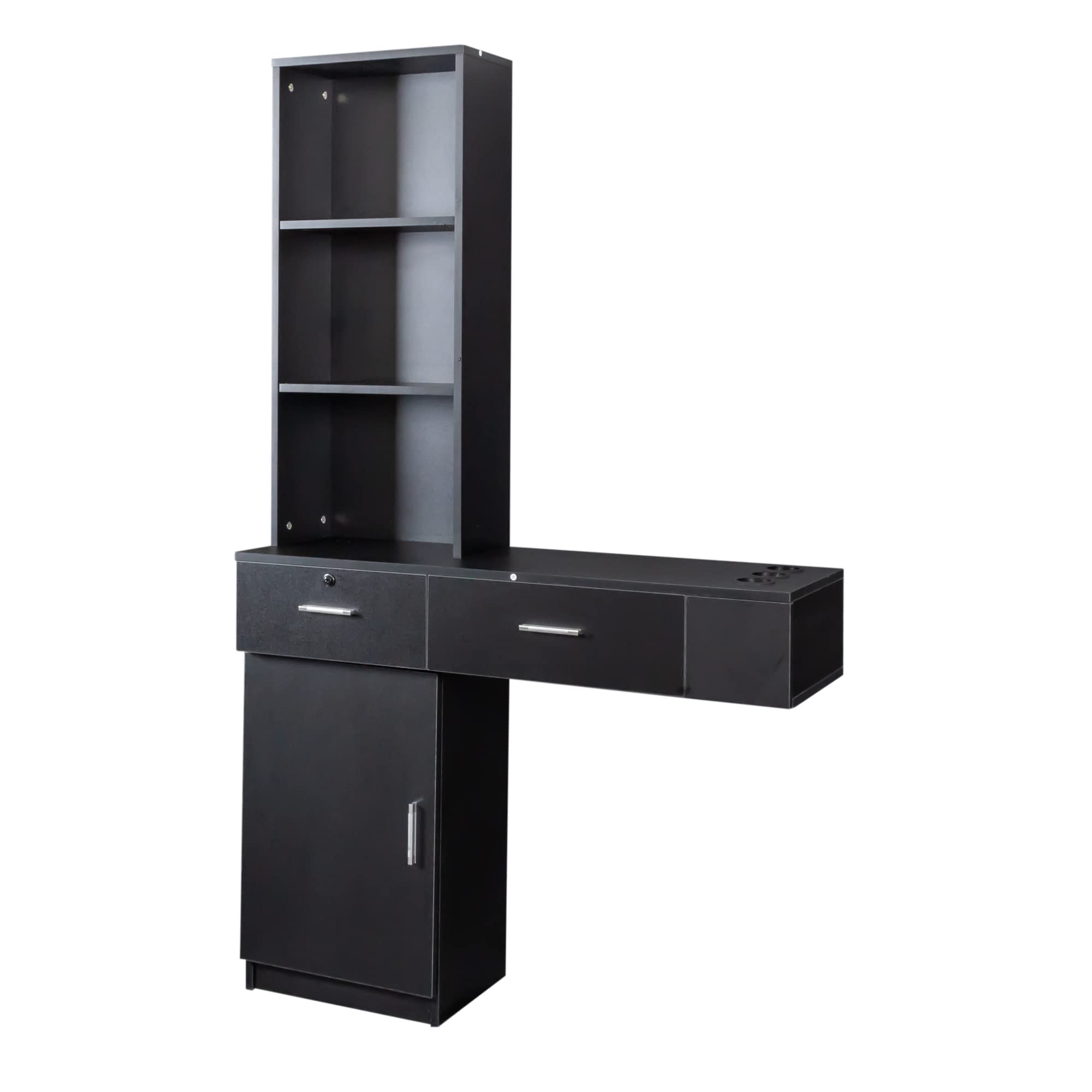 Professional Wall Mount Hair Styling Station for Barbers & Salons - 2 Drawers, 1 Cabinet & 3 Shelves Salon Equipment Set - Perfect for Hair Stylists, Beauty Spas & Home Use (Black)