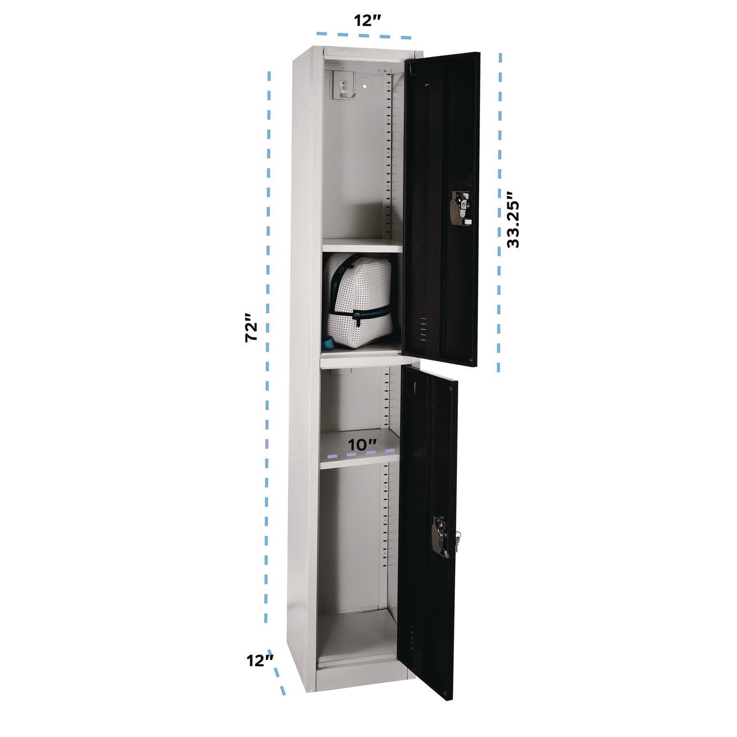 Steel Storage Locker with 2 Compartments - 12 x 12 x 72 Inches, Black - Heavy-Duty Metal Locker for Office, Gym, School & Warehouse Organization