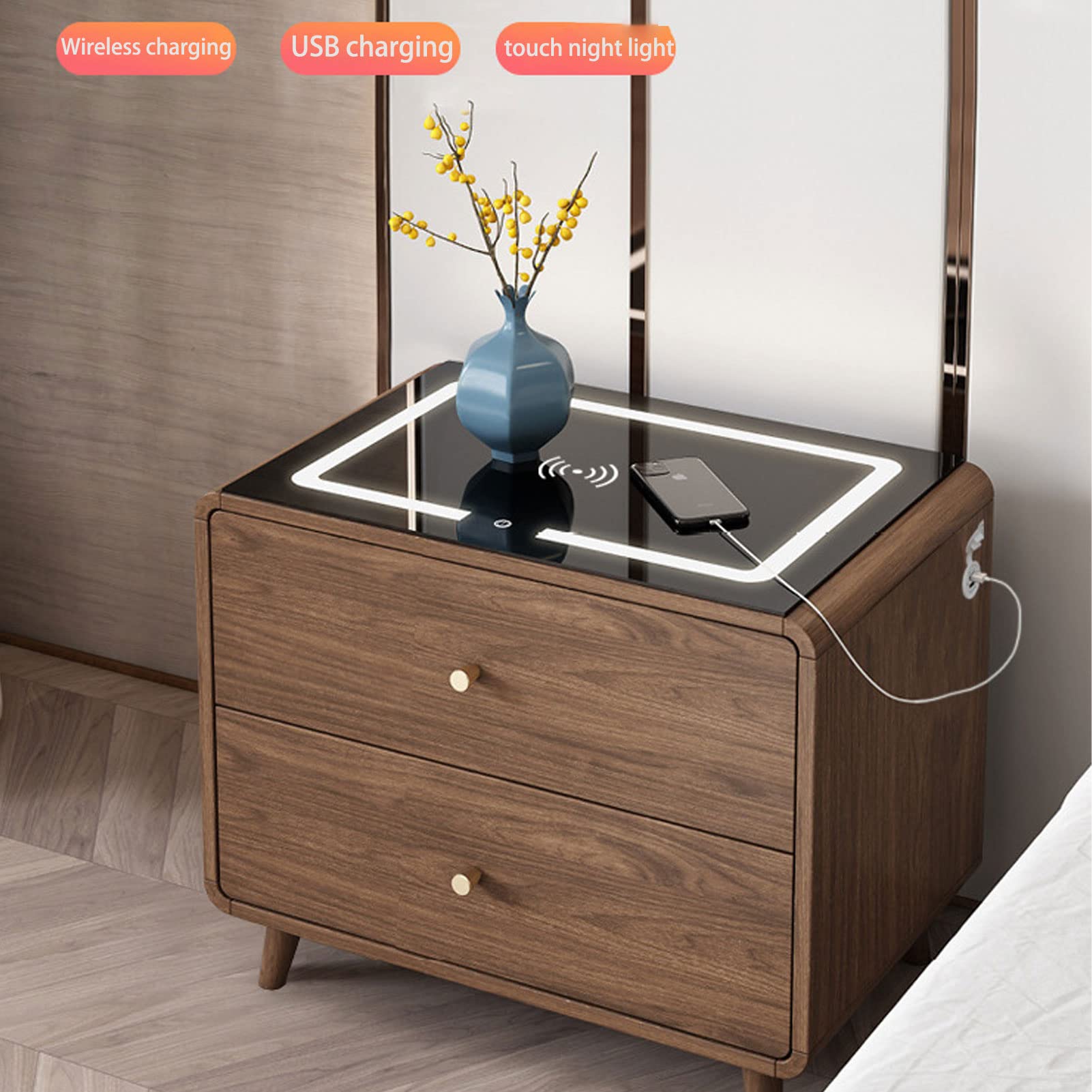 Smart LED Nightstand with 2 Drawers & Open Shelf - Modern Wooden Bedside Table for Bedroom, Living Room, Office & Closet - Perfect for Reading, Charging Devices & Bedside Storage
