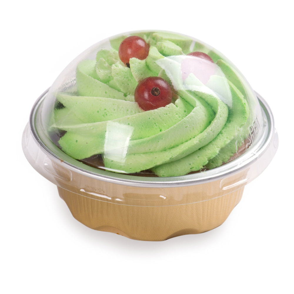 Premium 2 oz Round Gold Aluminum Baking Cups with Plastic Dome Lids - 2 3/4 x 2 3/4 x 1 Inch - 100 Count Box - Perfect for Cupcakes, Muffins, and Party Desserts