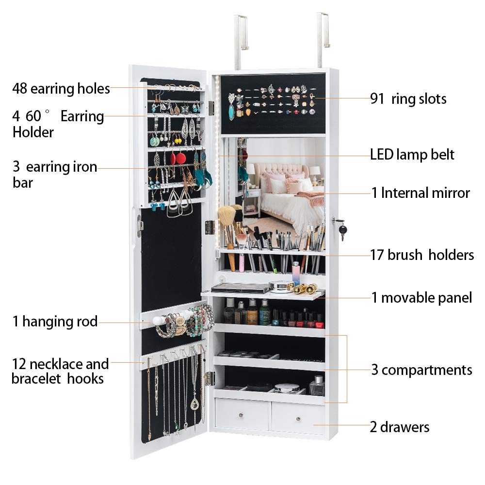 Bonnlo Lockable Jewelry Cabinet with 95 LED Lights - Wall Mount Jewelry Armoire with Mirror, Large Storage Organizer for Necklaces, Rings & Earrings | Perfect for Bedroom, Closet & Dressing Room Organization