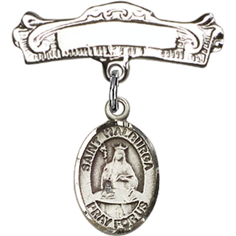 St. Walburga Sterling Silver Baby Badge with Charm - 7/8 X 7/8 Inch Arched Polished Pin - Perfect for Christenings, Baptisms & First Communion Gifts