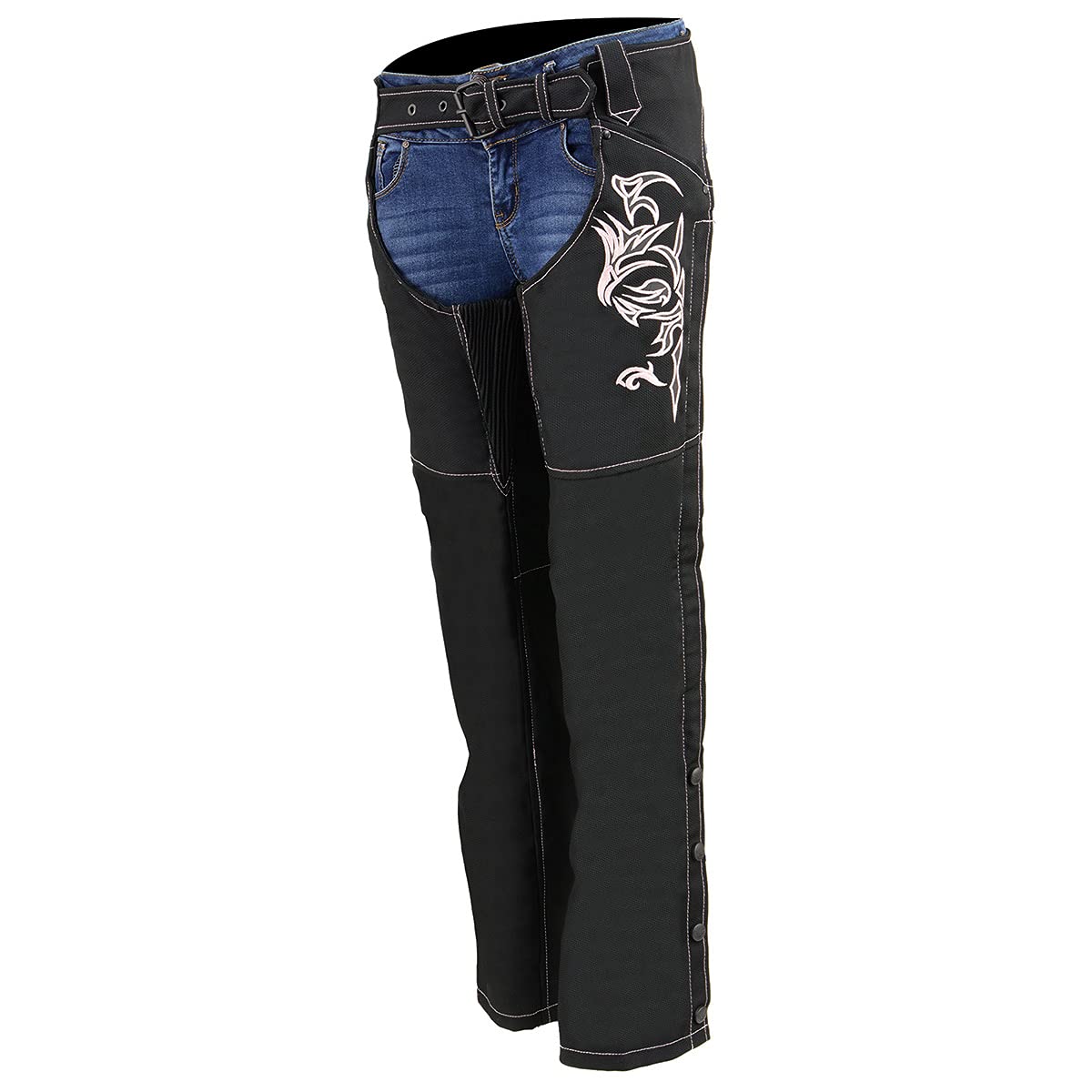 Milwaukee Leather SH1182 Women's Motorcycle Riding Chaps - Black & Pink Textile with Tribal Embroidery for Harley Davidson & Cruiser Bikes | Perfect for Long Rides & Motorcycle Events