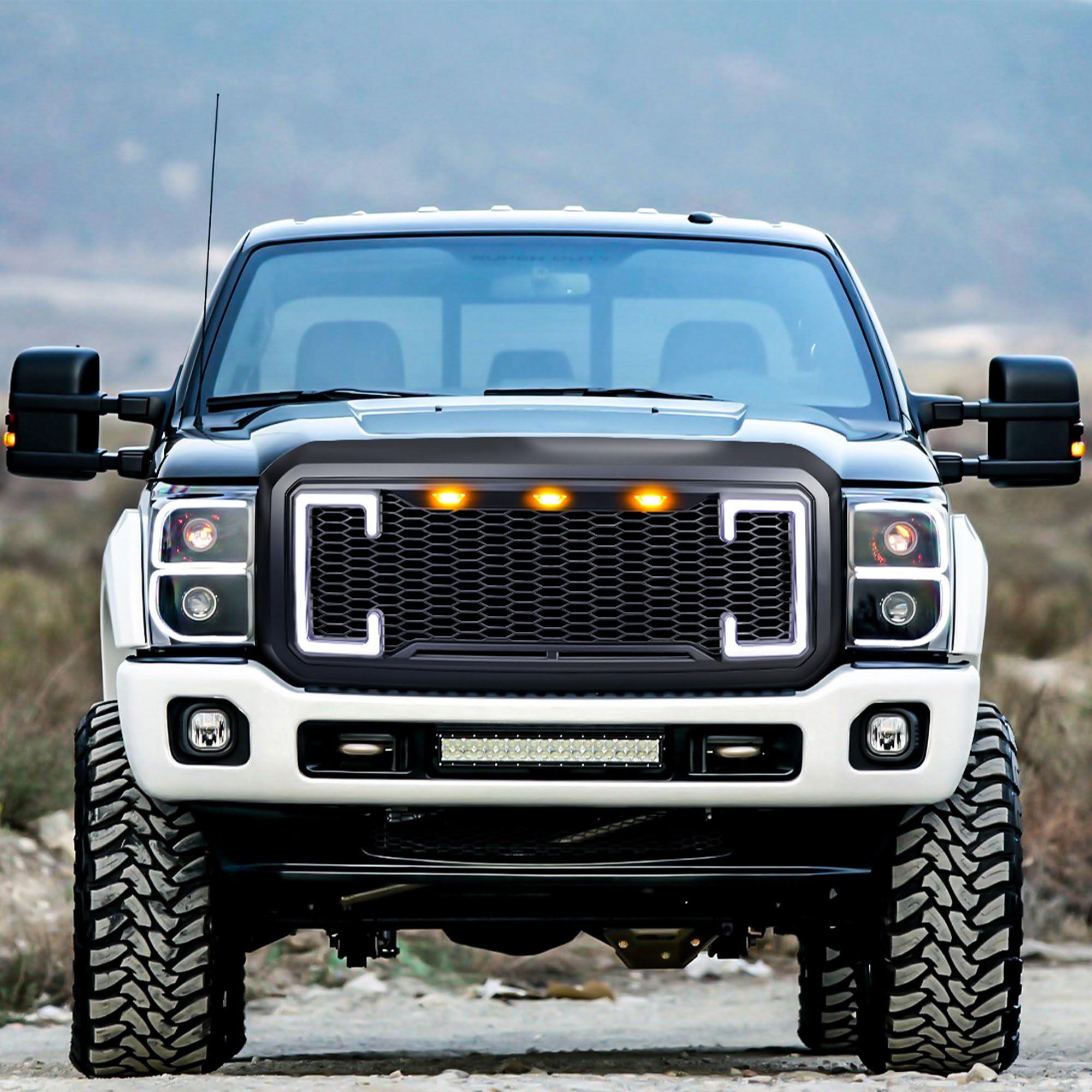 **2011-2016 Ford F250 F350 F450 F550 Matte Black Raptor Front Grille with DRL & Turn Signal Lights | Off-Road & Custom Truck Upgrade**