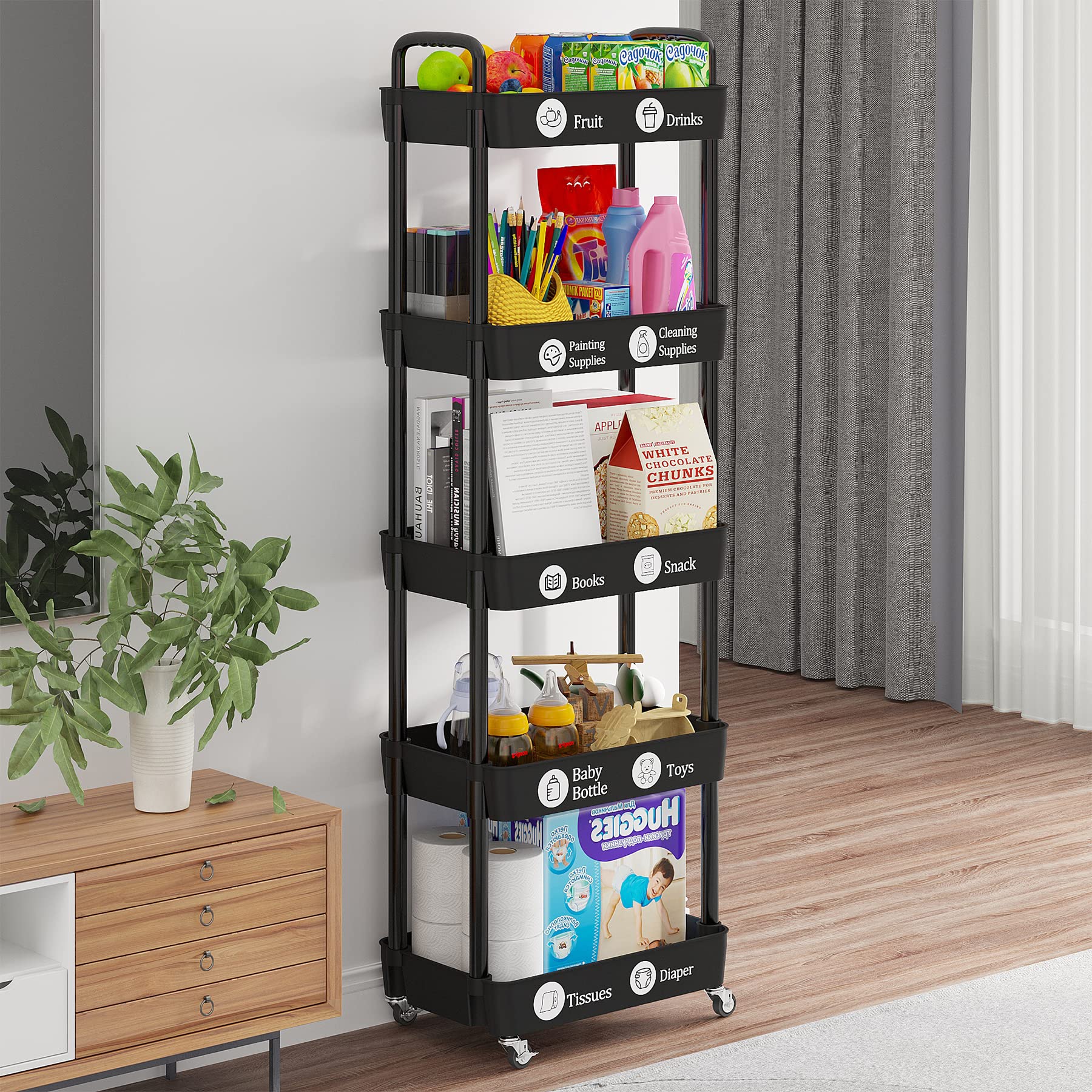 Laiensia 3-Tier Rolling Storage Cart with Lockable Wheels - Multifunctional Mobile Organizer for Kitchen, Bathroom, Laundry Room - Includes Classified Stickers | Perfect for Home Organization, Small Space Storage & Closet Organization