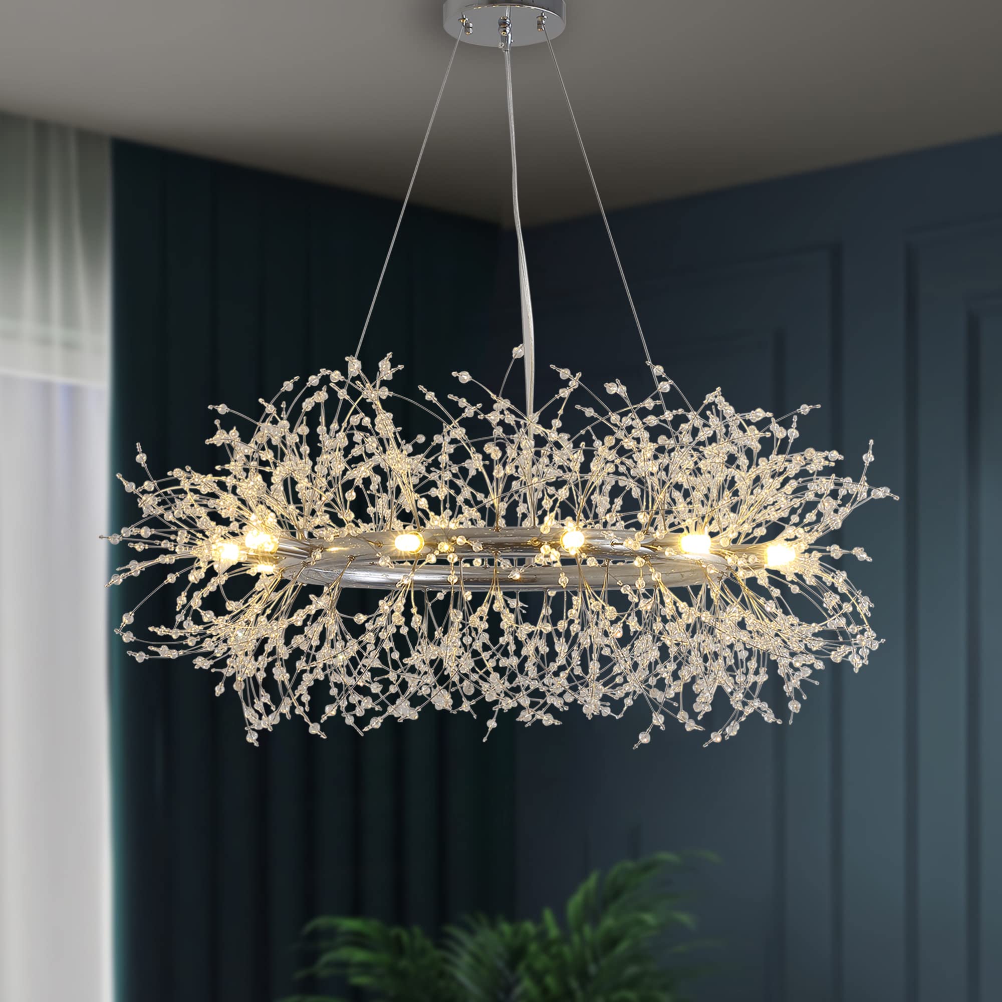 Modern Crystal Chandelier Firework Design - 12-Light Chrome Pendant Ceiling Light Fixture for Dining Room, Kitchen, Living Room & Bedroom | Elegant Lighting for Home Decor, Weddings & Special Events