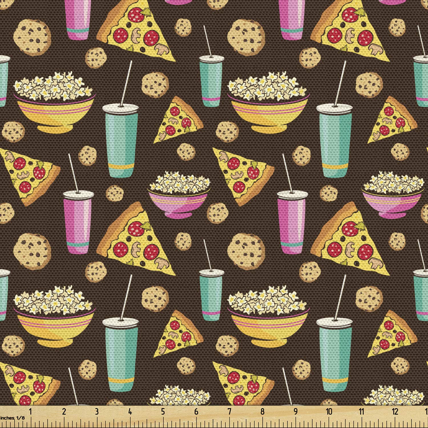 Ambesonne Fast Food Print Fabric by The Yard - Cartoonish Pizza, Drinks, Cookies & Popcorn Design - 3 Yards Dark Brown Multicolor Upholstery Material for Sofa, Curtains, Pillows & Home Decor | Perfect for DIY Projects, Crafting & Interior Design