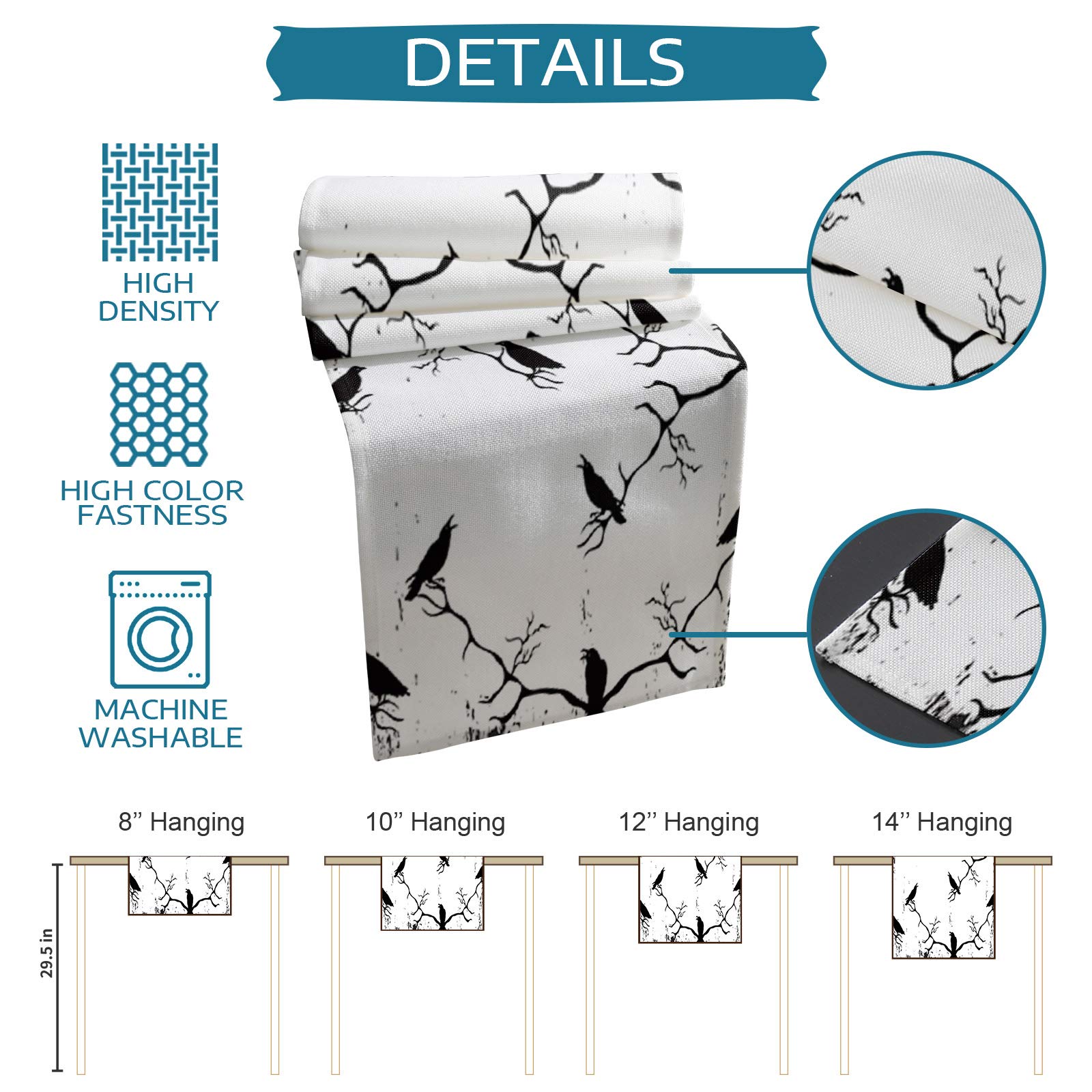 Halloween Black Crow Table Runner - 90 Inch Long Washable Decor with White Background for Round, Kitchen, Coffee & Dining Tables - Perfect for Spooky Home, Party & Living Room Decorations