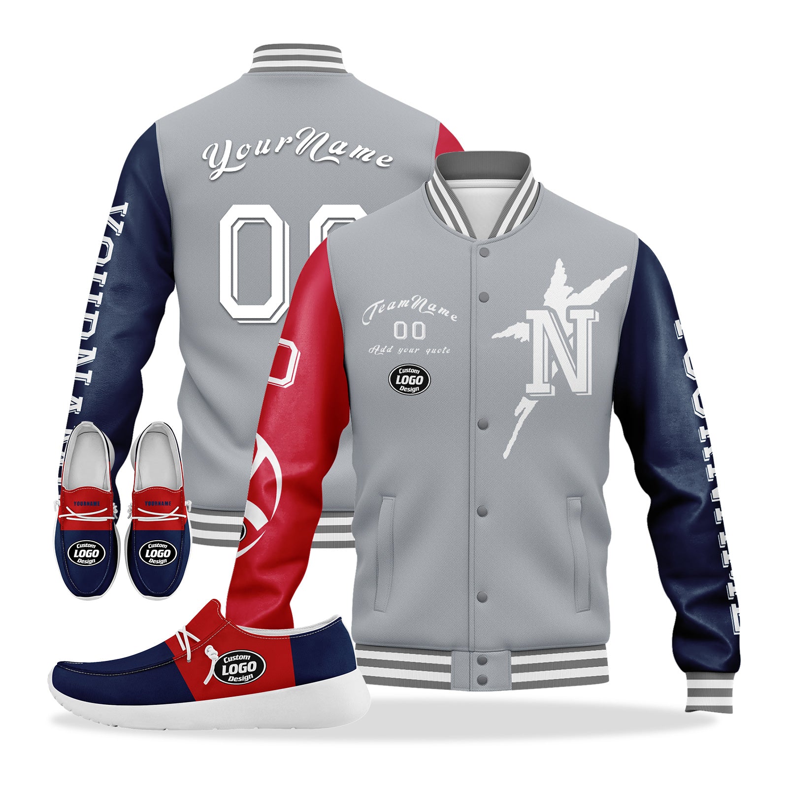 Custom Gray Red Blue New England Jacket & Sports Shoes Combo – Personalized Matching Outfit for Men | Gym, Running, Casual Wear | D020294-26