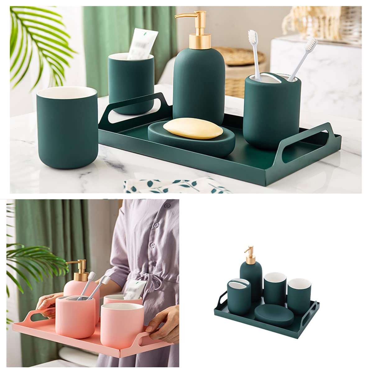 Shisipq 5-Piece Ceramic Bathroom Accessories Set - Soap Dish, Toothbrush Holder, 2 Toothbrush Cups & Lotion Bottle | Modern Bathroom Countertop Organizer for Home Decor & Housewarming Gifts