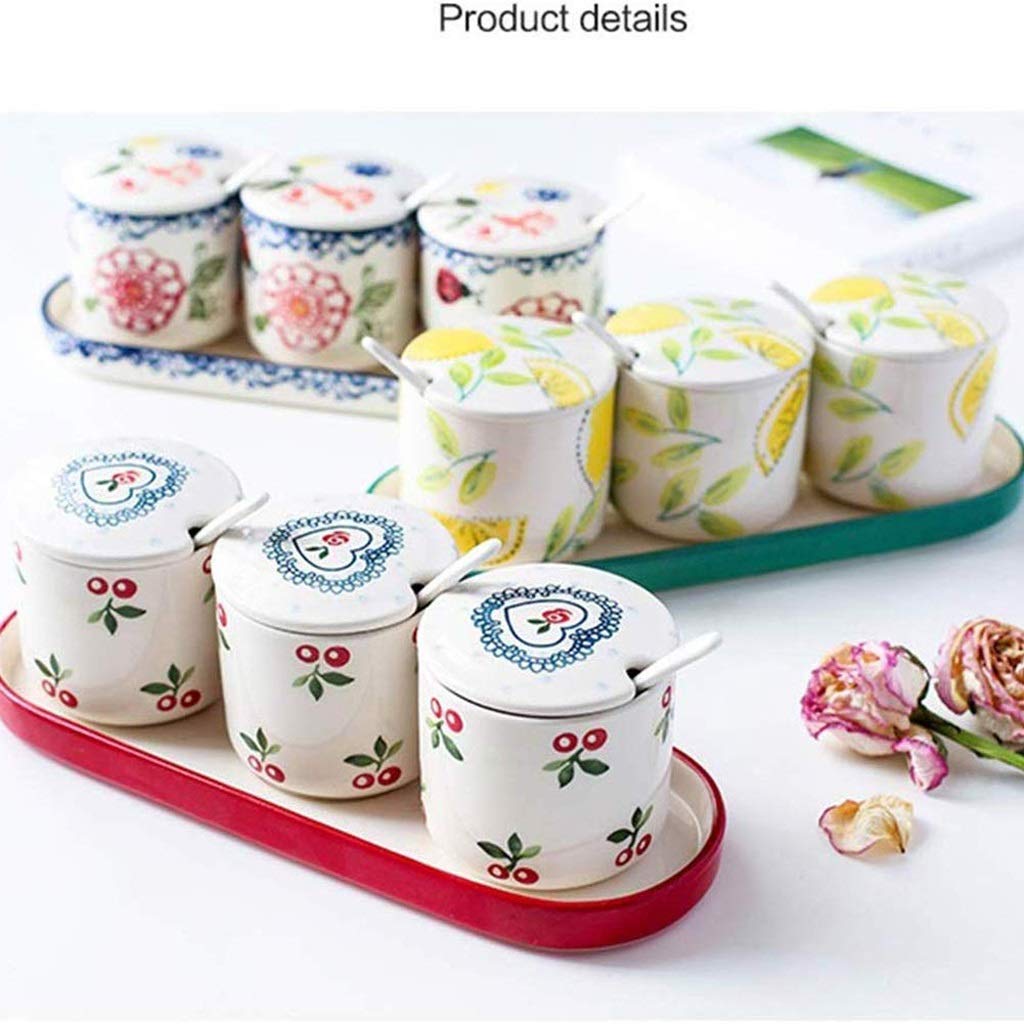 3-Piece Ceramic Sugar Bowl Set with Lid and Spoon - Airtight Food Storage Containers for Sugar, Coffee, Tea & Spices | Perfect for Kitchen, Pantry & Coffee Station Organization (Color: B)