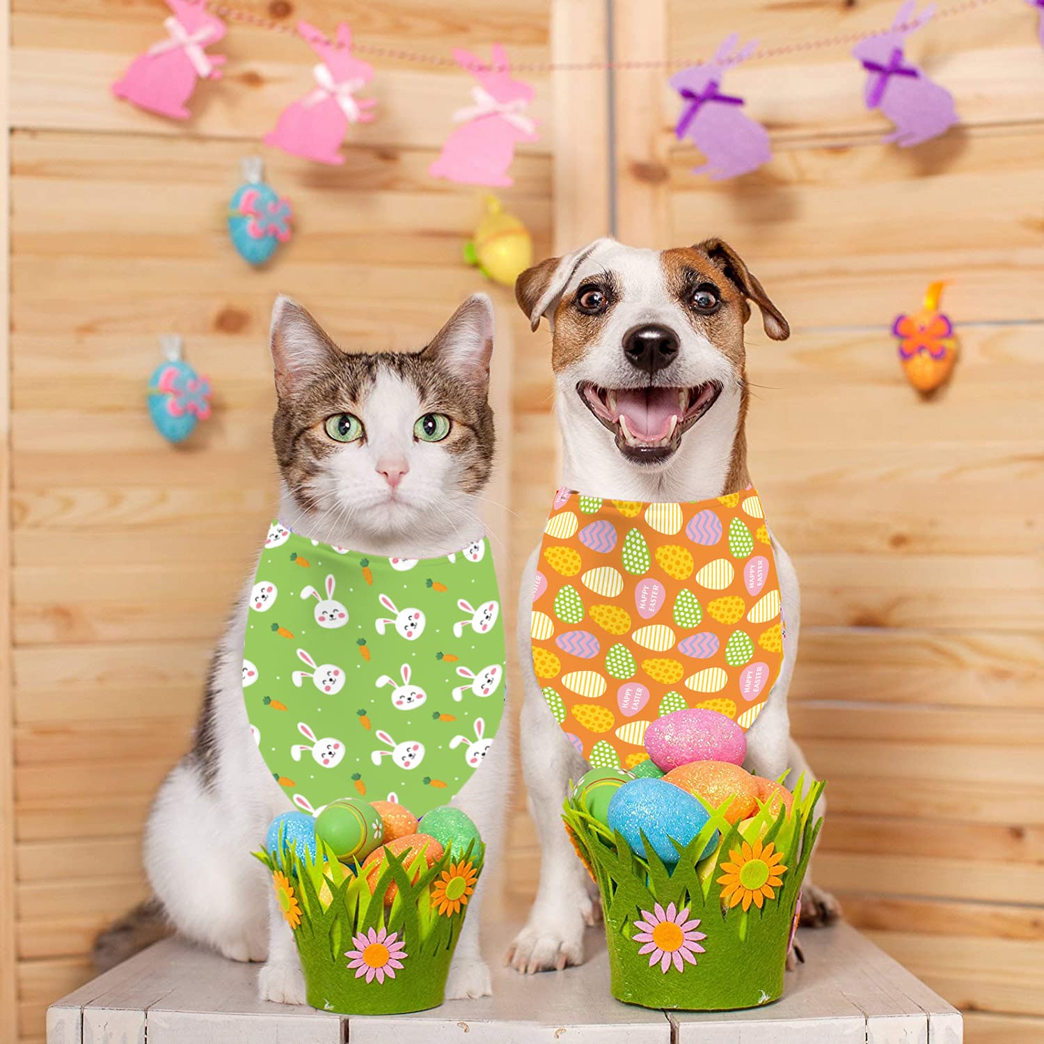 Easter Dog Bandanas - 2 Pack Adjustable Reversible Pet Scarf for Small Medium Large Dogs - Cute Puppy Easter Costume Accessories for Holiday Photos & Spring Outings