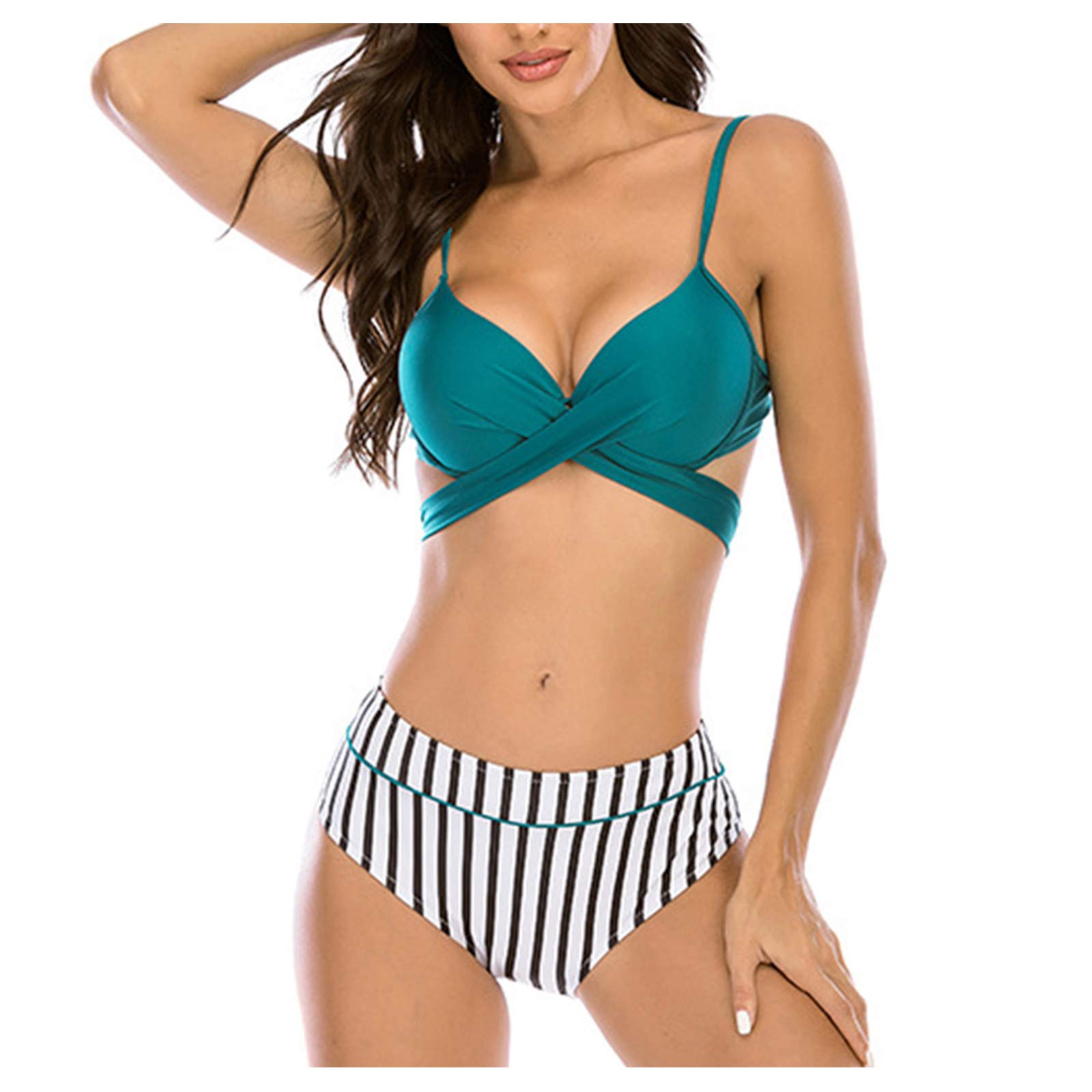 Women's Striped High Waist Bikini Set - Slim Fit Solid Color Swimsuit with High Split for Swimming, Beach Vacation, Pool Party & Summer Fashion