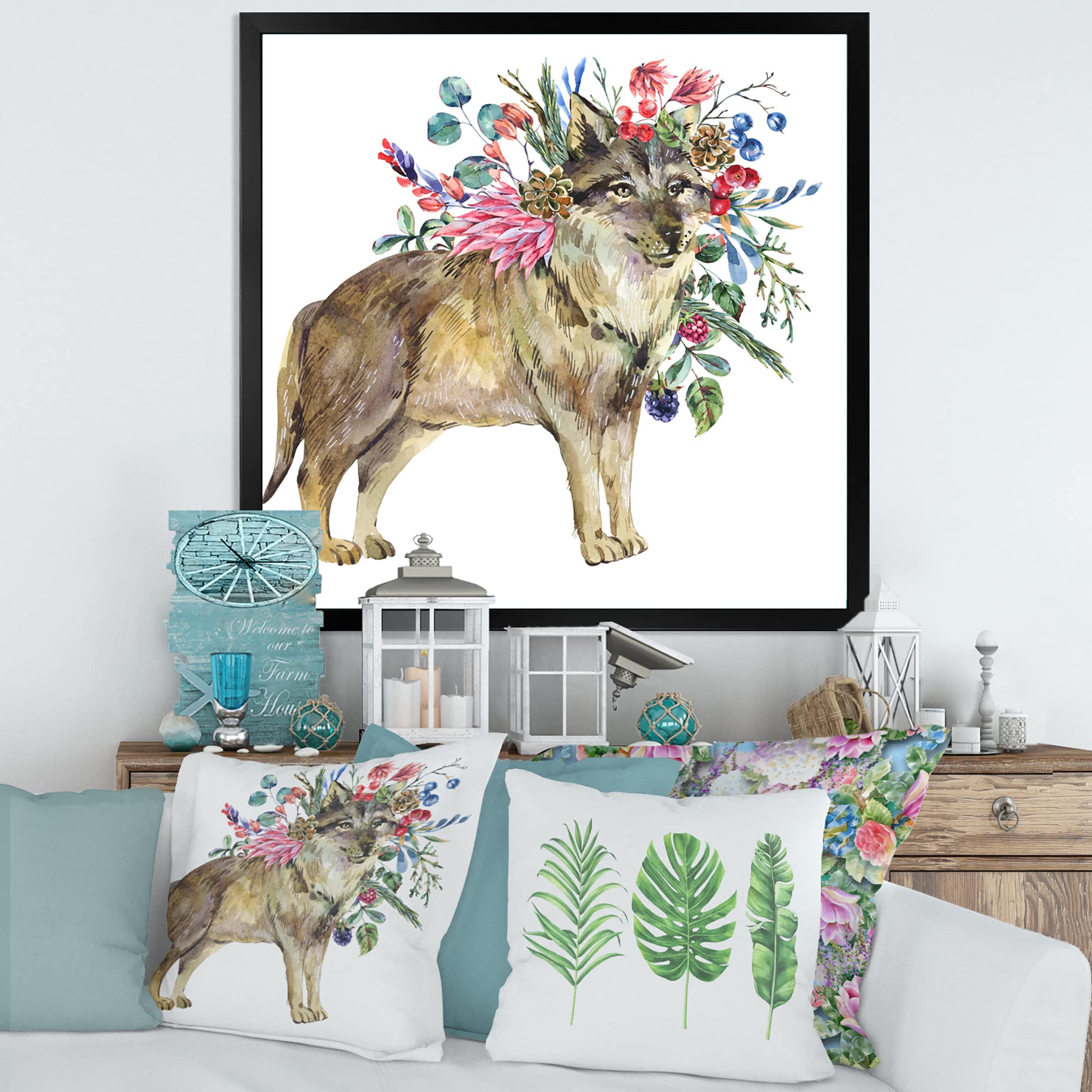 DesignQ Wolf with Woodland Flowers Framed Wall Art - Rustic Farmhouse Decor for Living Room, Bedroom & Office