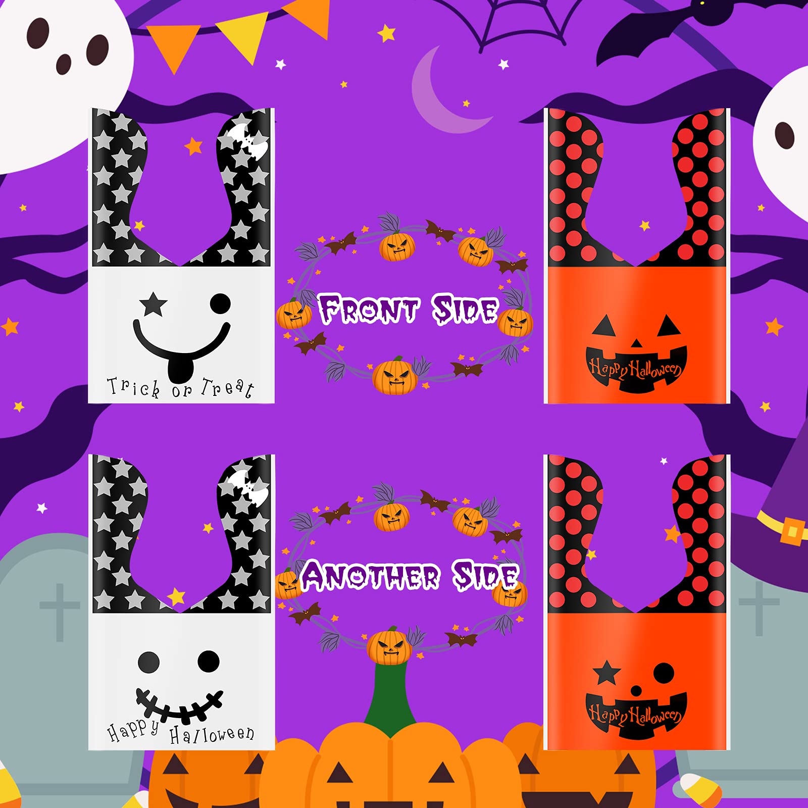 Chinco 100-Pack Halloween Plastic Candy Bags - Orange Pumpkin & White Ghost Treat Bags for Party Favors, Snacks & Decorations | Halloween Party Supplies, Trick-or-Treat Bags, Candy Containers for School Events & Neighborhood Halloween Celebrations