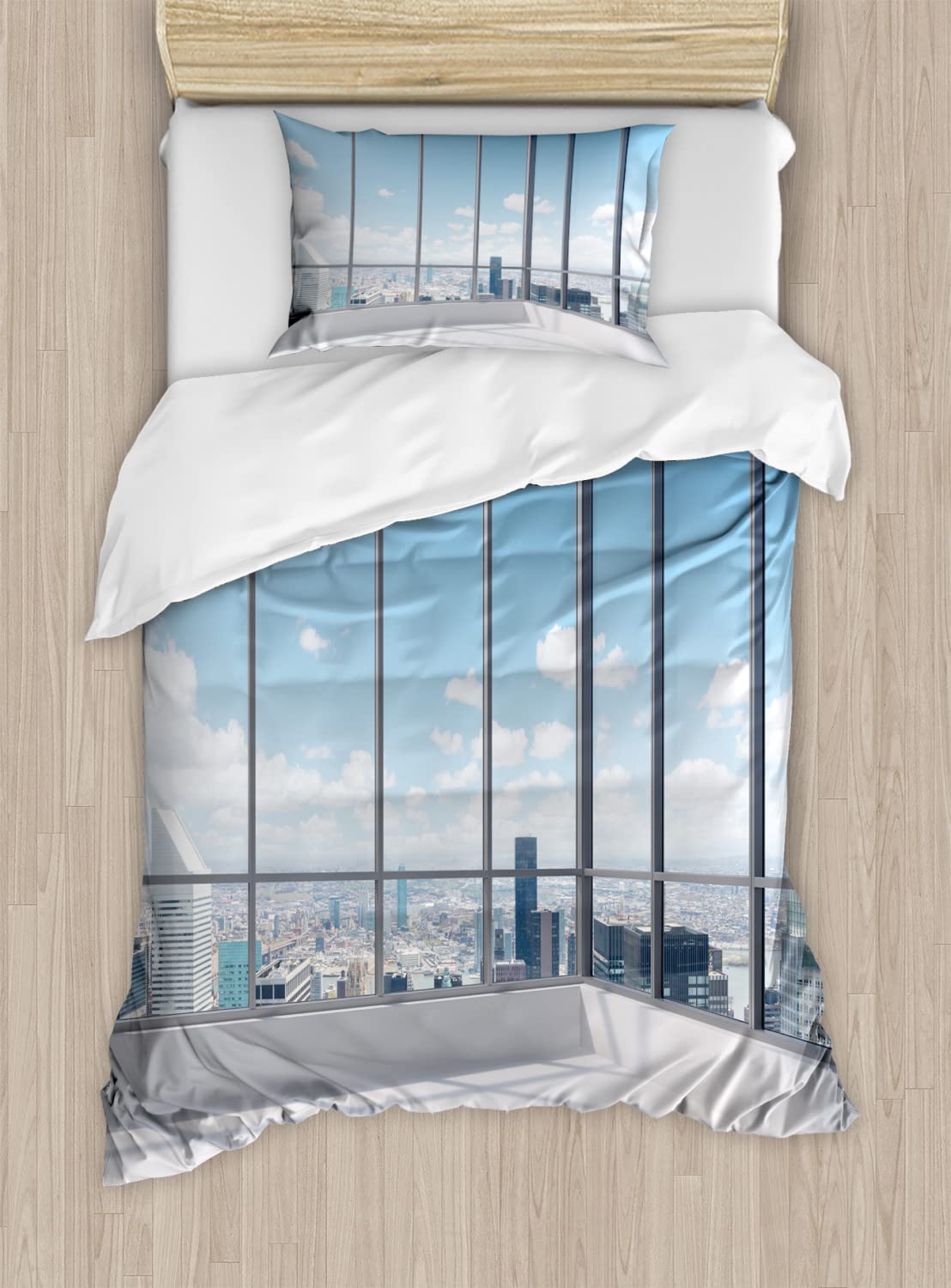Ambesonne Modern Duvet Cover Set - Cityscape Office with Sunny Sky View Photograph Print, Twin Size 2-Pack (Sky Blue, Grey & White) | Includes 2 Duvet Covers & 2 Pillowcases | Perfect for Contemporary Bedrooms & Guest Rooms