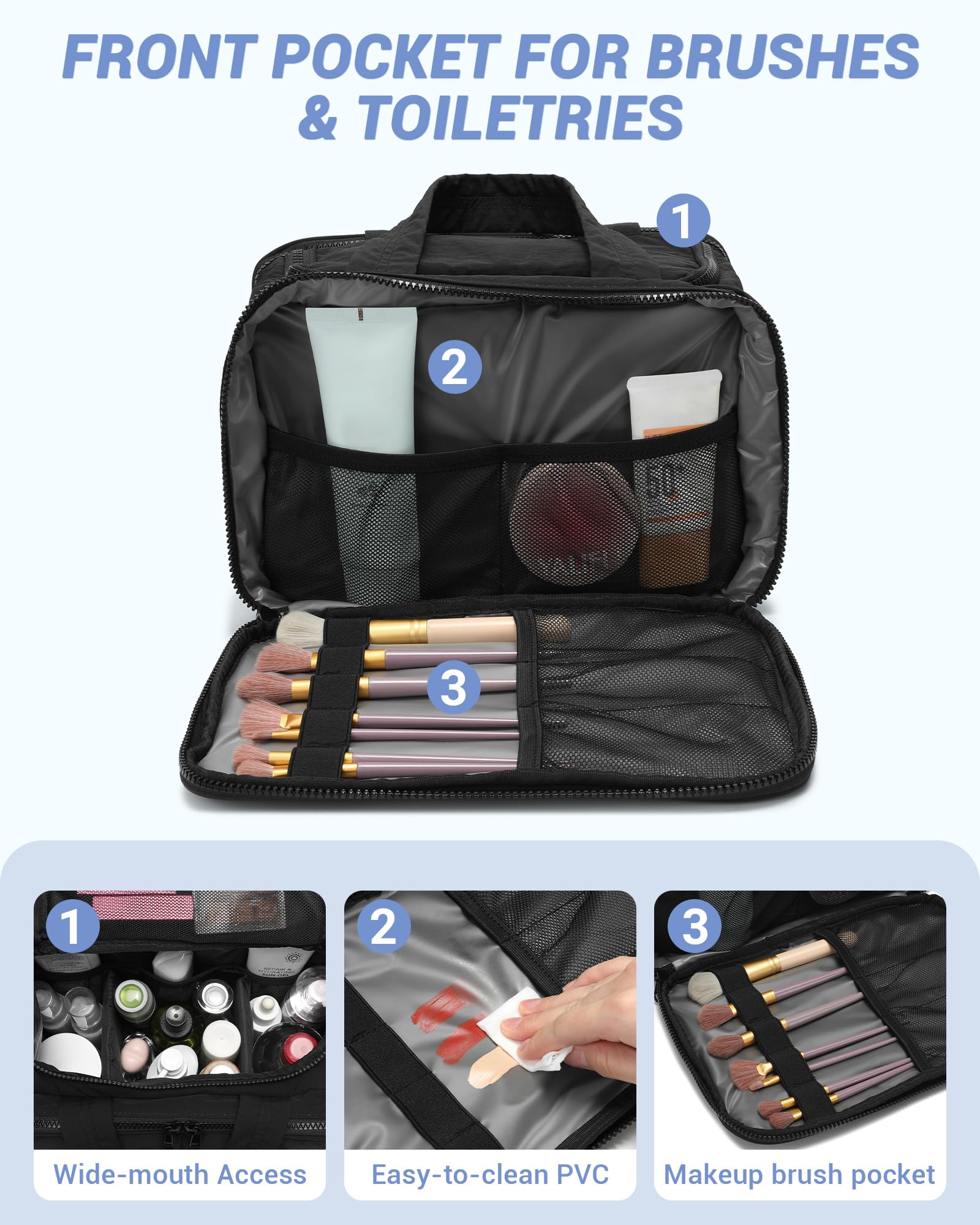 Quilted Travel Toiletry Bag for Women - Lightweight Cosmetic Makeup Organizer with Handle | Waterproof Puffy Wide-Open Design | Perfect for Travel, Gym, Vacation & Daily Essentials Storage (Black)